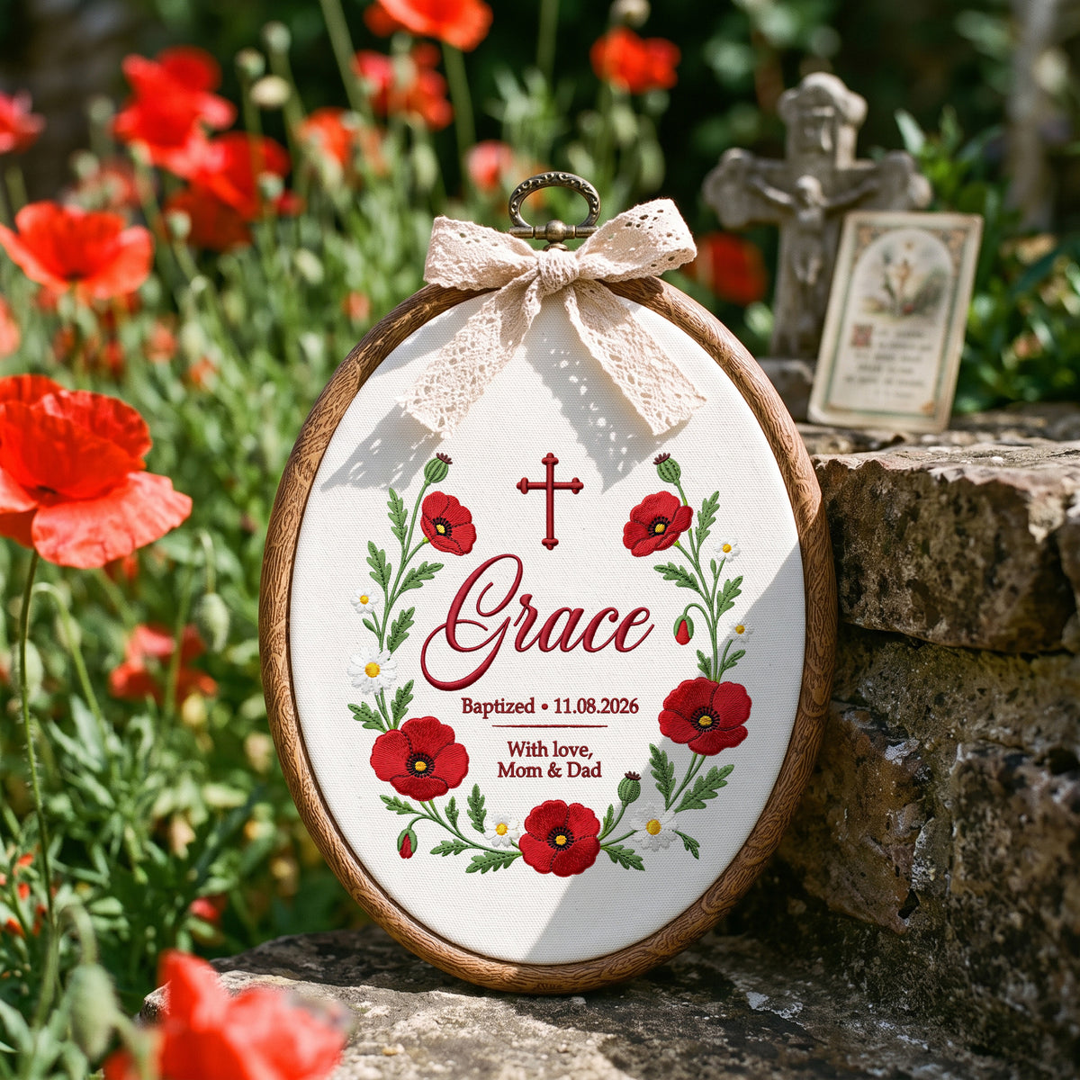 Personalized Baby Name Poppy Baptism Embroidery Hoop Art Custom Christening Keepsake