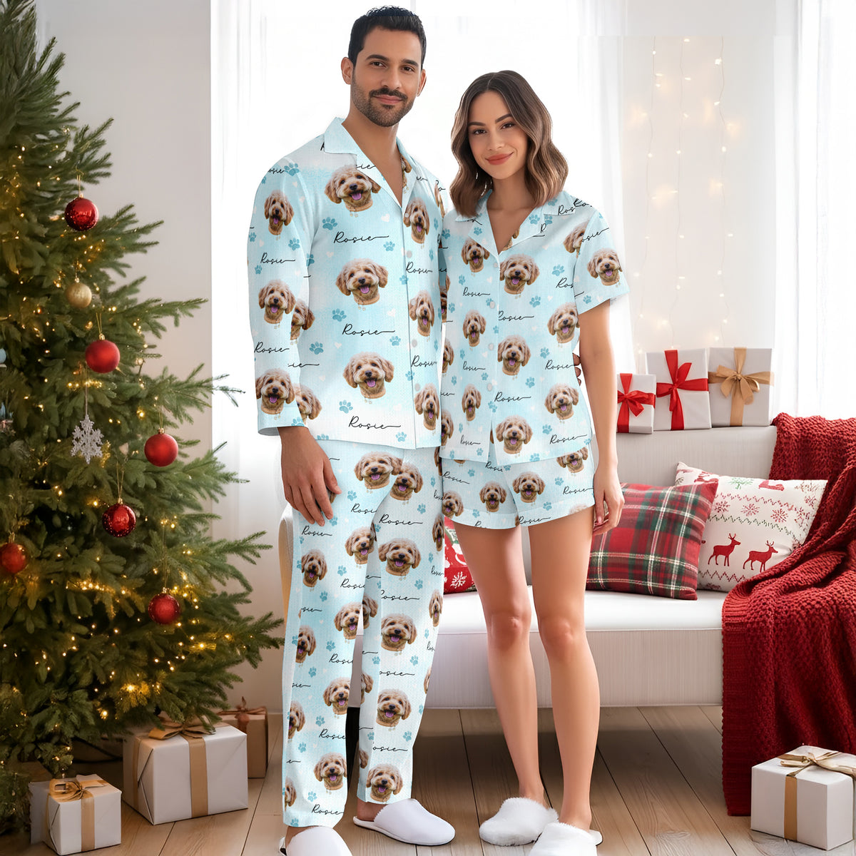 Custom Dog Face Pajamas Set Personalised Photo Name Paw Sleepwear Dog Mom Dad Gift