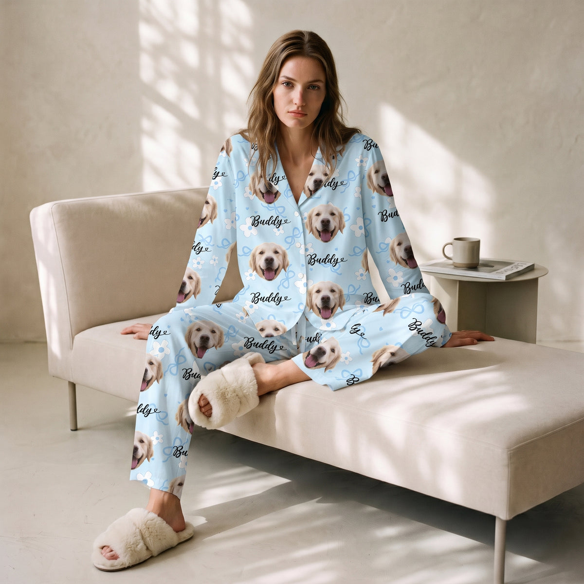 Custom Dog Face Pajamas Set Personalised Photo Name Floral Sleepwear Dog Mom Dad Gift