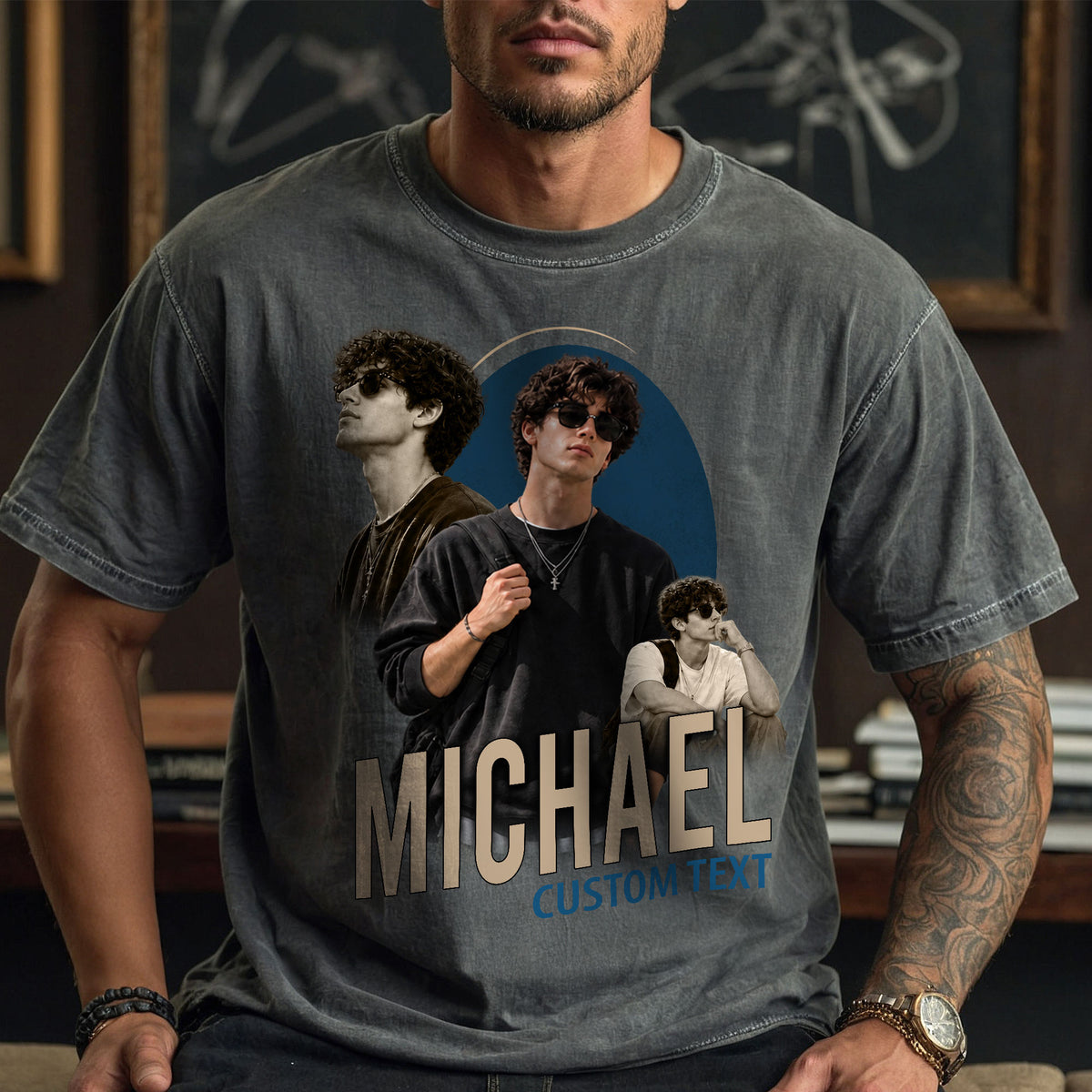 Custom Photo T-Shirt Vintage Oval Graphic Shirt Personalized Picture Bracket Name Custom Tee