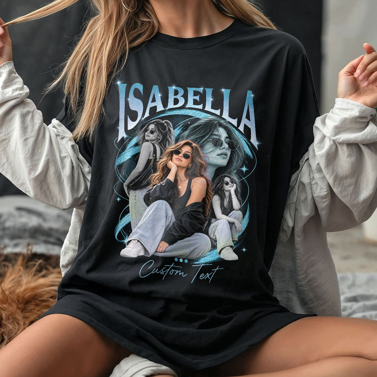 Custom Photo T-Shirt Vintage Neon Graphic Collage Shirt Custom Name Retro Sparkle Tee