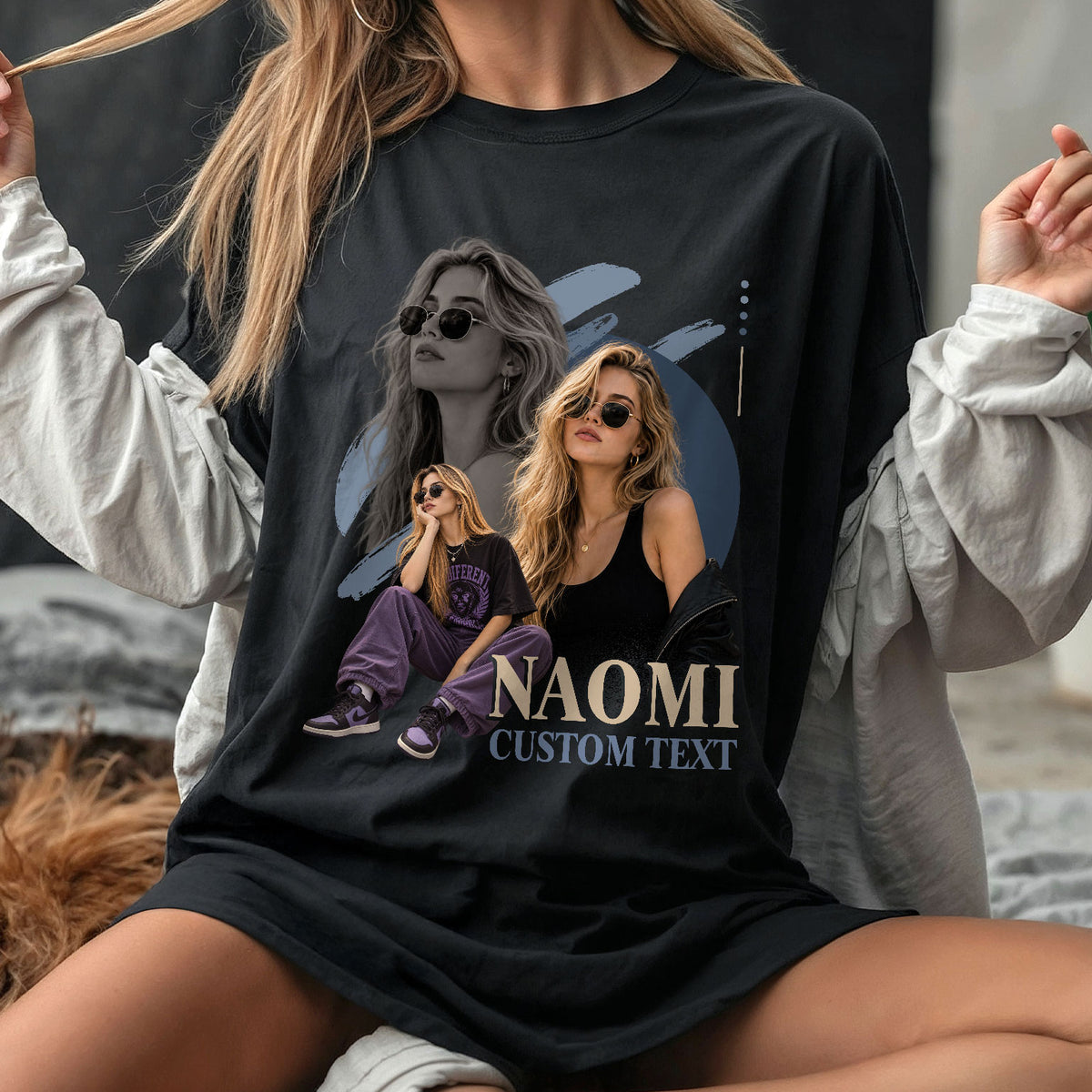 Custom Photo T-Shirt Vintage Graphic Collage Shirt Custom Name Retro Brush Stroke Tee