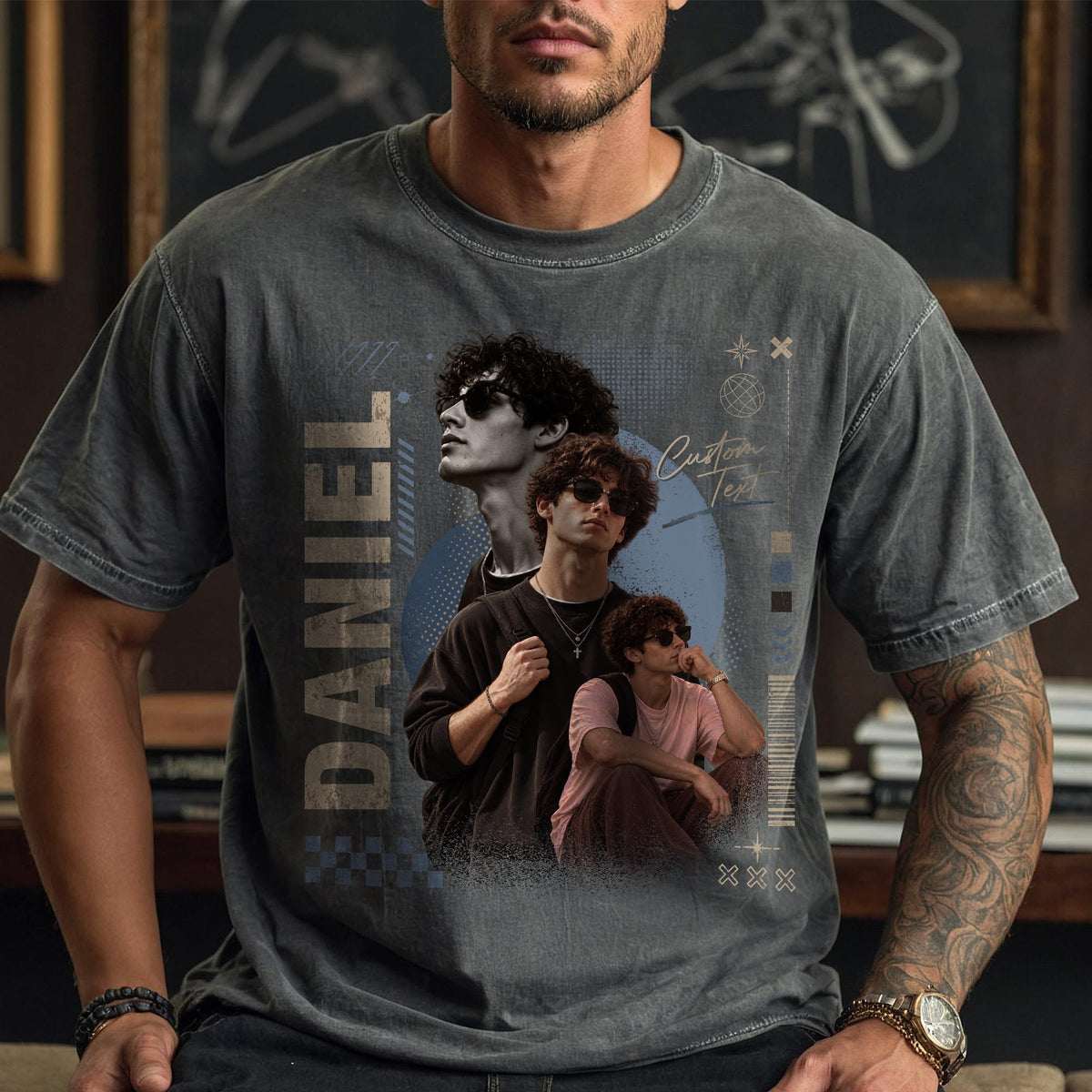 Custom Photo T-Shirt Vintage Streetwear Graphic Shirt Personalized Picture Collage Name Tee