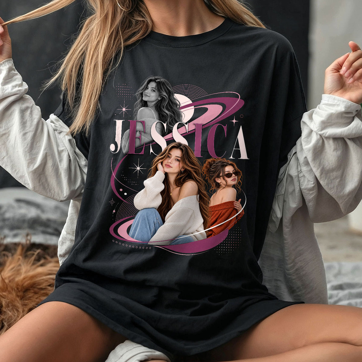 Custom Photo T-Shirt Vintage Planetary Orbit Graphic Tee Personalized Name Picture Shirt