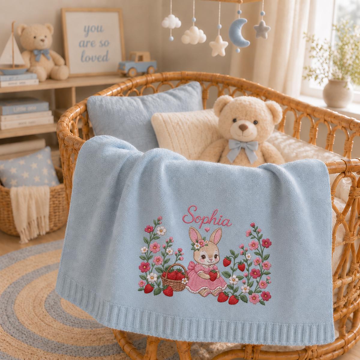 Custom Name Baby Knitted Blanket Bunny Rabbit Strawberry Flowers Warm Infant Swaddle Throw