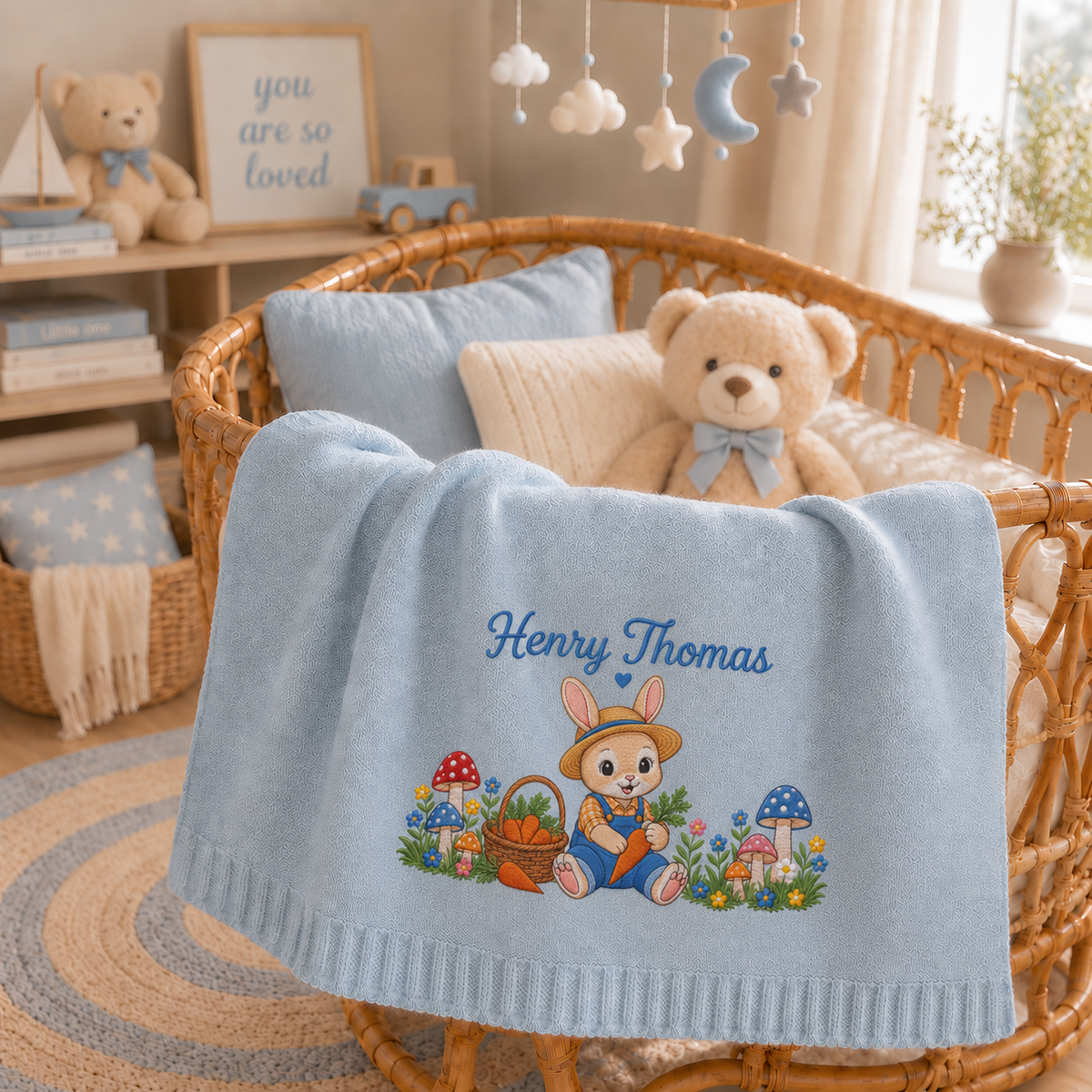 Custom Name Baby Knitted Blanket Bunny Rabbit Mushrooms Carrots Warm Infant Swaddle Throw