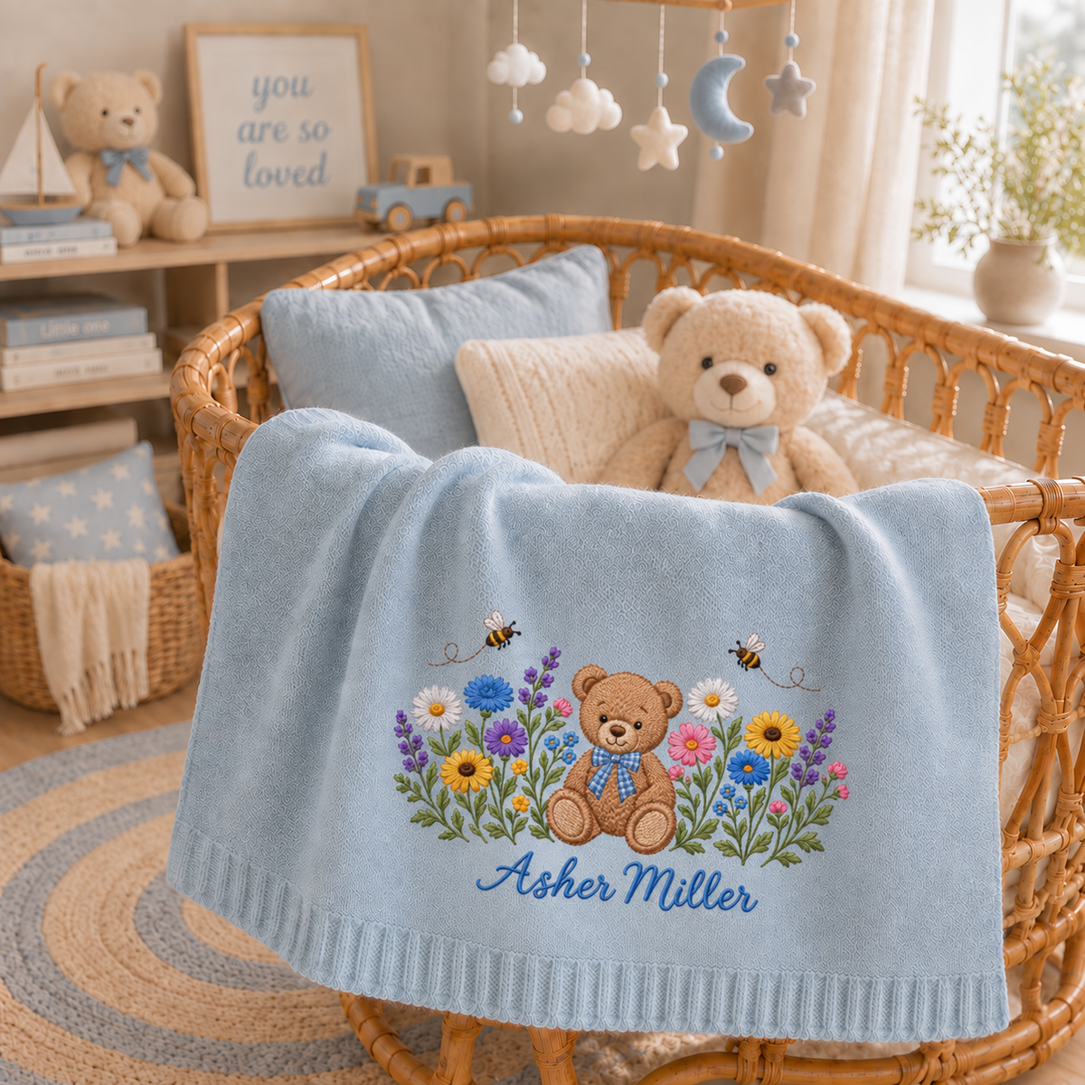 Custom Name Baby Knitted Blanket Teddy Bear Bees Wildflowers Warm Infant Swaddle Throw