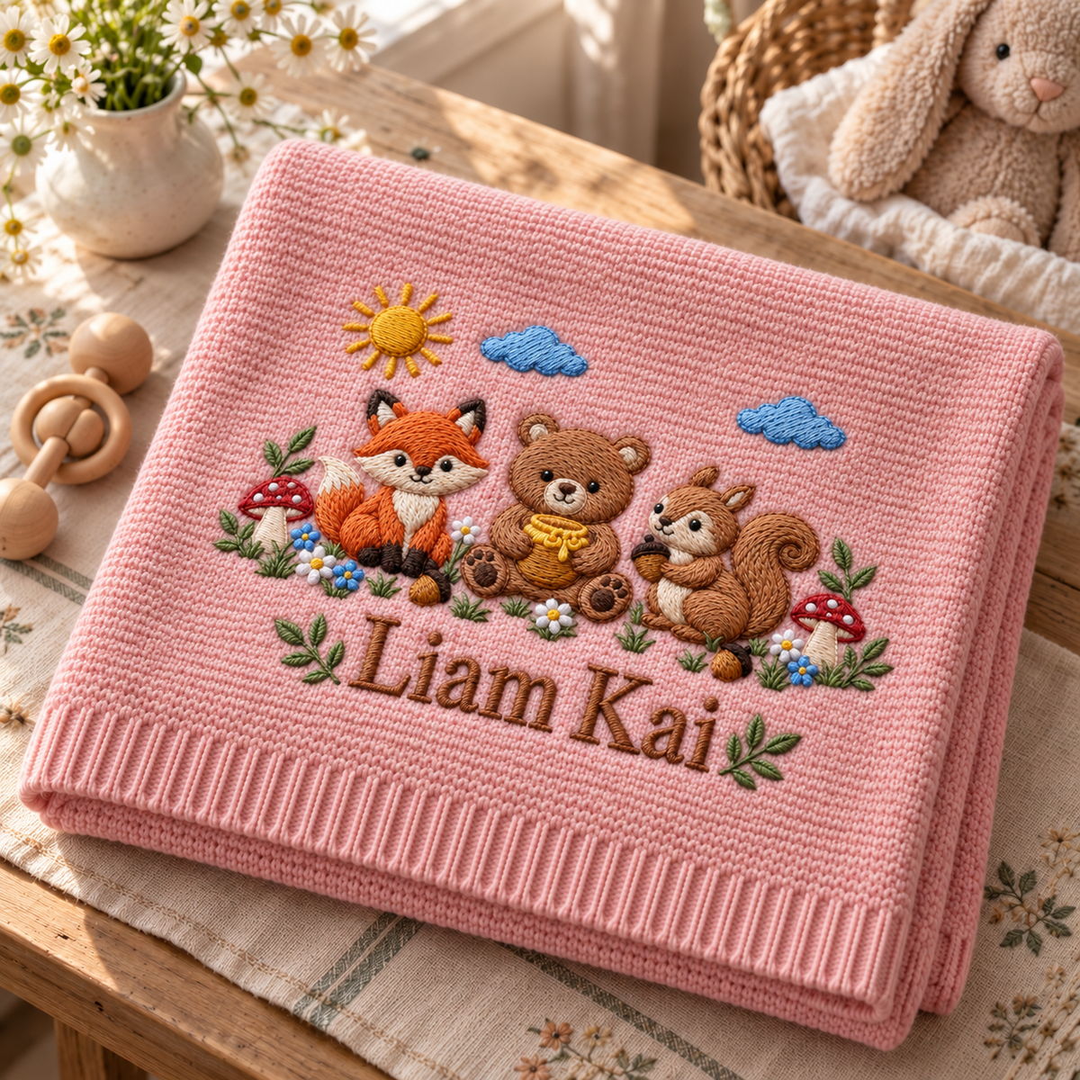 Custom Name Baby Knitted Blanket Woodland Animals Fox Bear Squirrel Swaddle Sheet Throw