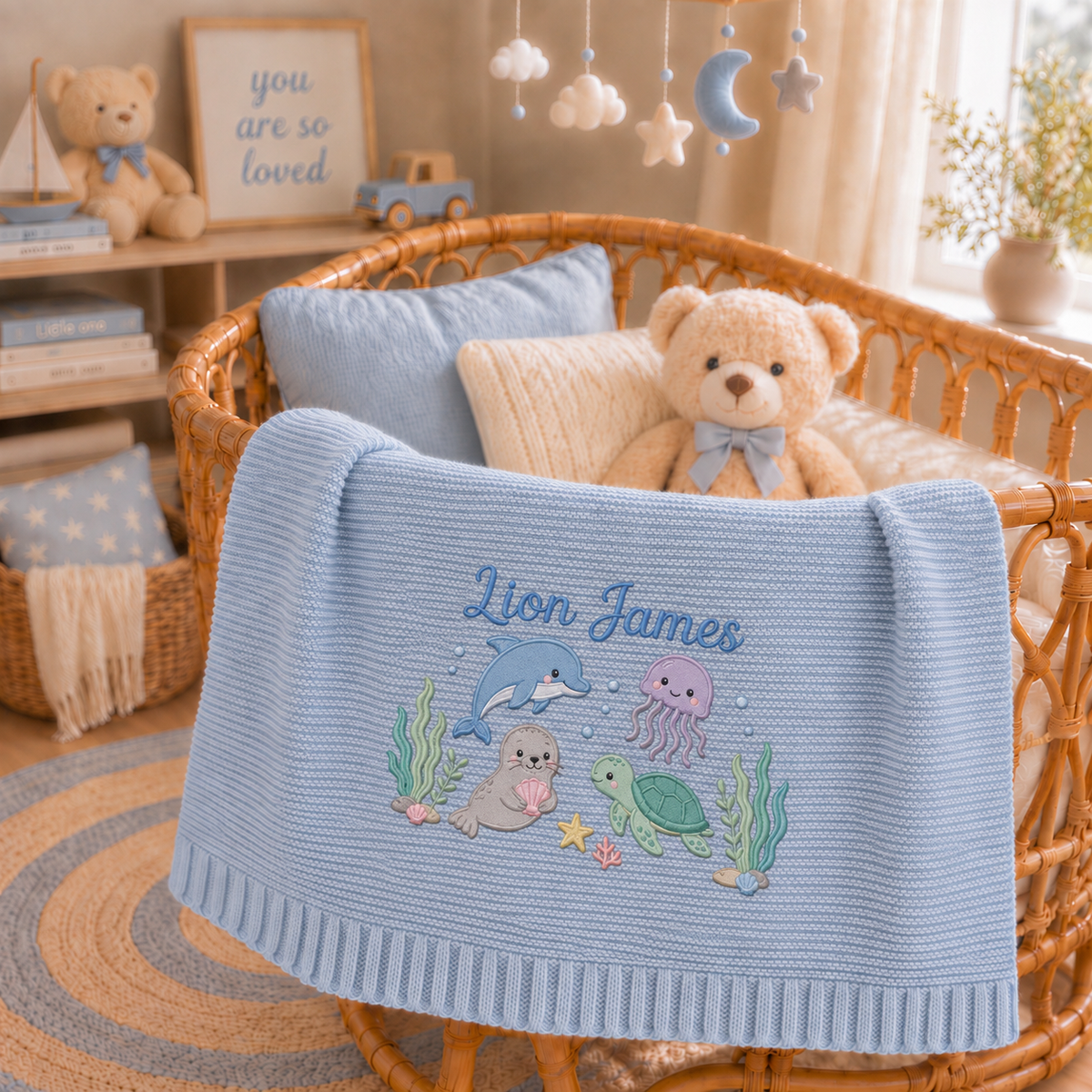 Custom Name Baby Knitted Blanket Dolphin Seal Sea Turtle Warm Infant Swaddle Sheet Throw