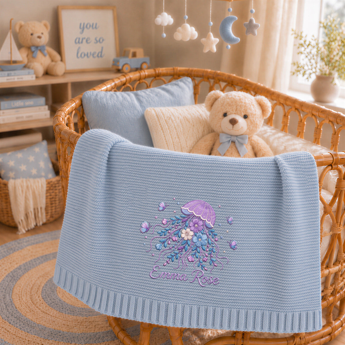Custom Name Baby Knitted Blanket Jellyfish Floral Butterflies Warm Swaddle Sheet Throw