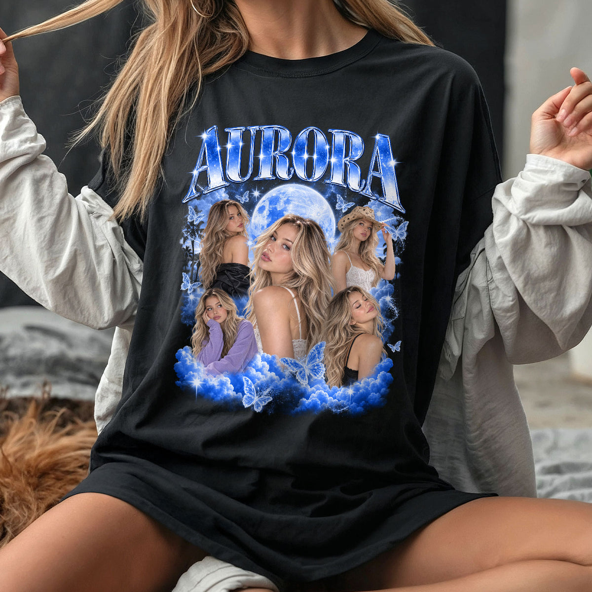 Custom Galaxy Rhinestone Name Butterfly Photo Collage T Shirt Top Apparel Garment