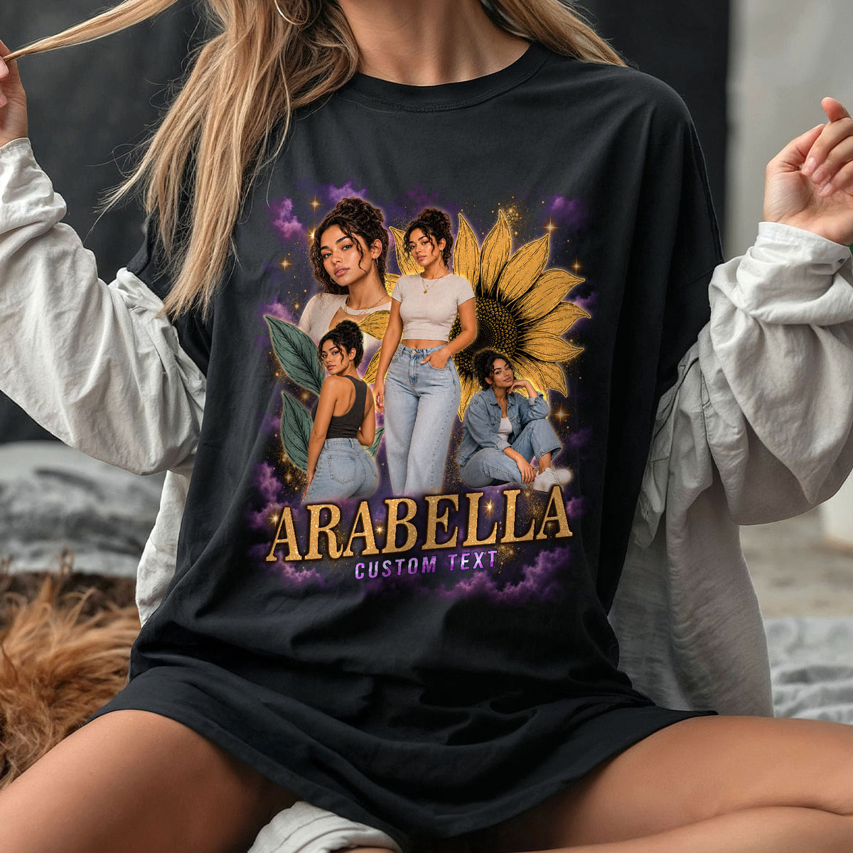 Personalized Vintage Sunflower Custom Photo Graphic Tee Shirt Retro Cotton Apparel