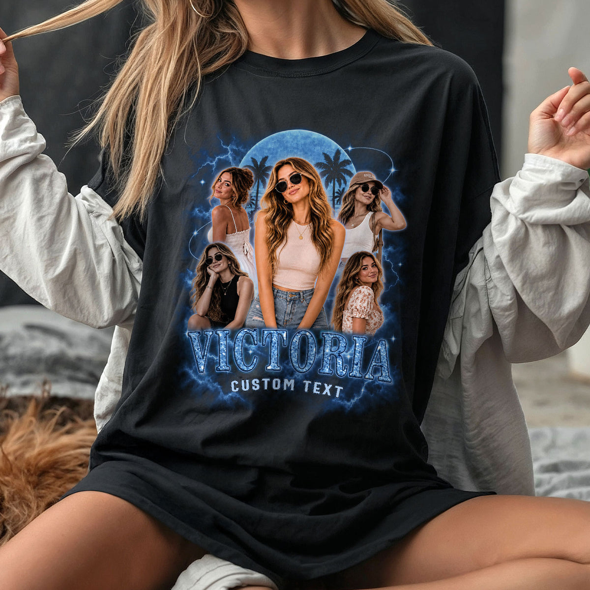 Personalized Vintage Sunset Palm Custom Photo Graphic Tee Shirt Retro Cotton Apparel