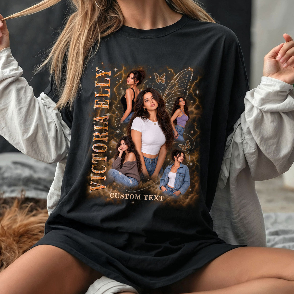 Personalized Vintage Butterfly Custom Photo Graphic Tee Shirt Retro Cotton Apparel