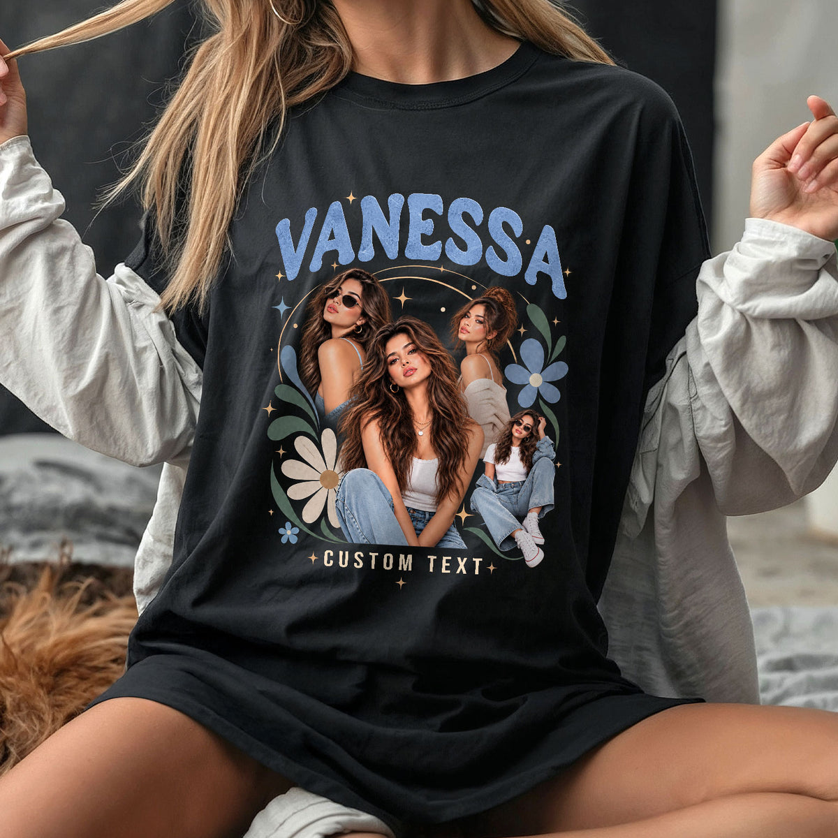 Personalized Vintage Floral Custom Photo Graphic Tee Shirt Retro Cotton Apparel