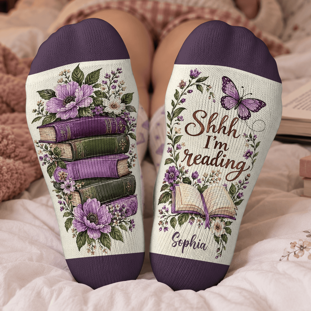 Custom Book Socks with Floral Butterfly, Socks for Women and Men with Style, Christmas Gifts and Book Lovers Gifts for Reading Time, Pallyprints Co.