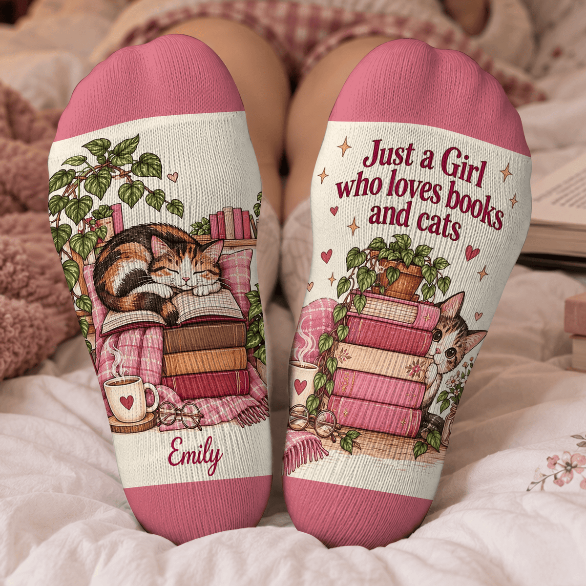 Custom Book Socks with Girl and Cat Reader Art, Socks for Women and Men with Style, Christmas Gifts and Book Lovers Gifts for Reading, Pallyprints Co.