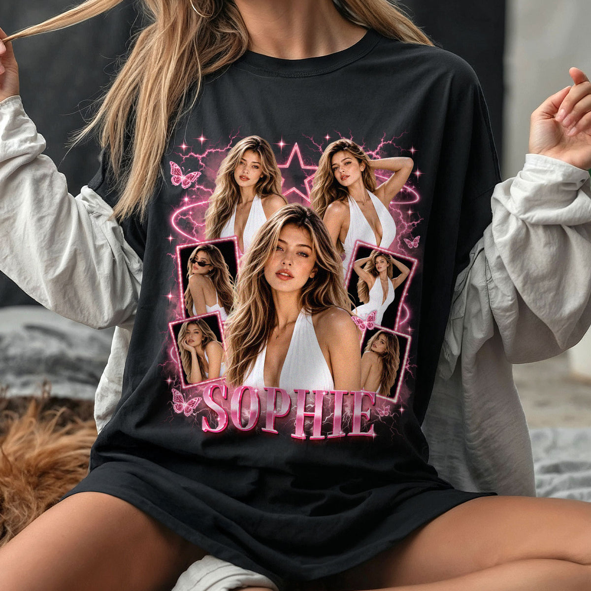 Personalized Vintage Neon Glow Custom Photo Graphic Tee Shirt Retro Cotton Apparel