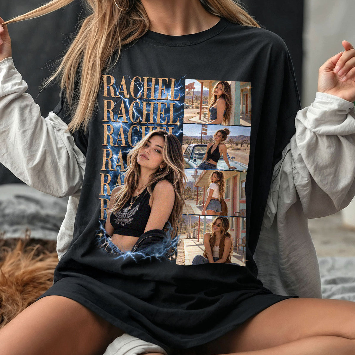 Personalized Vintage Lightning Custom Photo Graphic Tee Shirt Retro Cotton Apparel