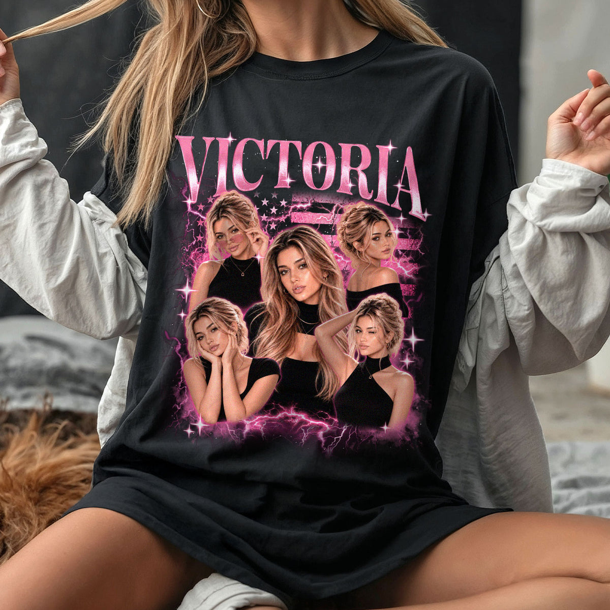 Personalized Vintage Sparkle Custom Photo Graphic Tee Shirt Retro Cotton Apparel