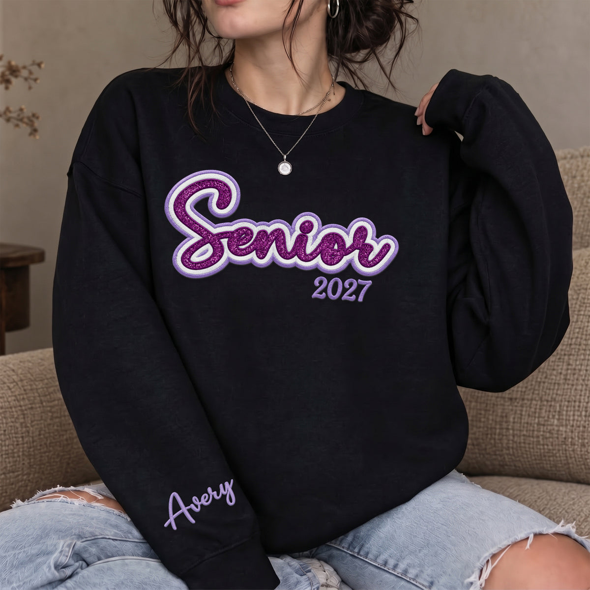Senior Sweatshirt Custom Name Sleeve Embroidered Glitter Class of Any Year Gift
