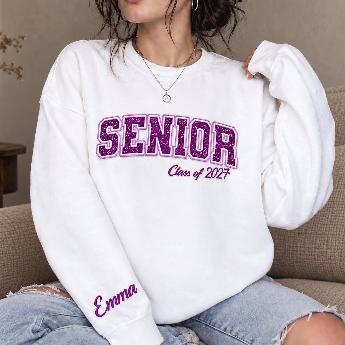 Senior Sweatshirt Glitter Varsity Letter Embroidered Custom Sleeve Name Grad Gift