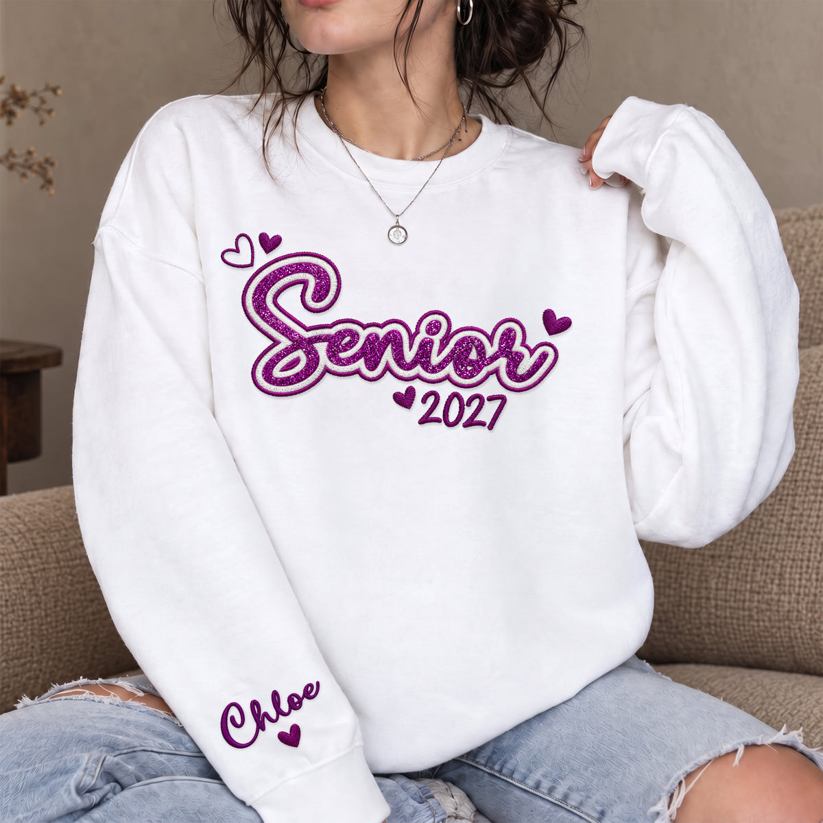 Senior Sweatshirt Custom Name Sleeve Heart Glitter Embroidery Grad Gift Crewneck