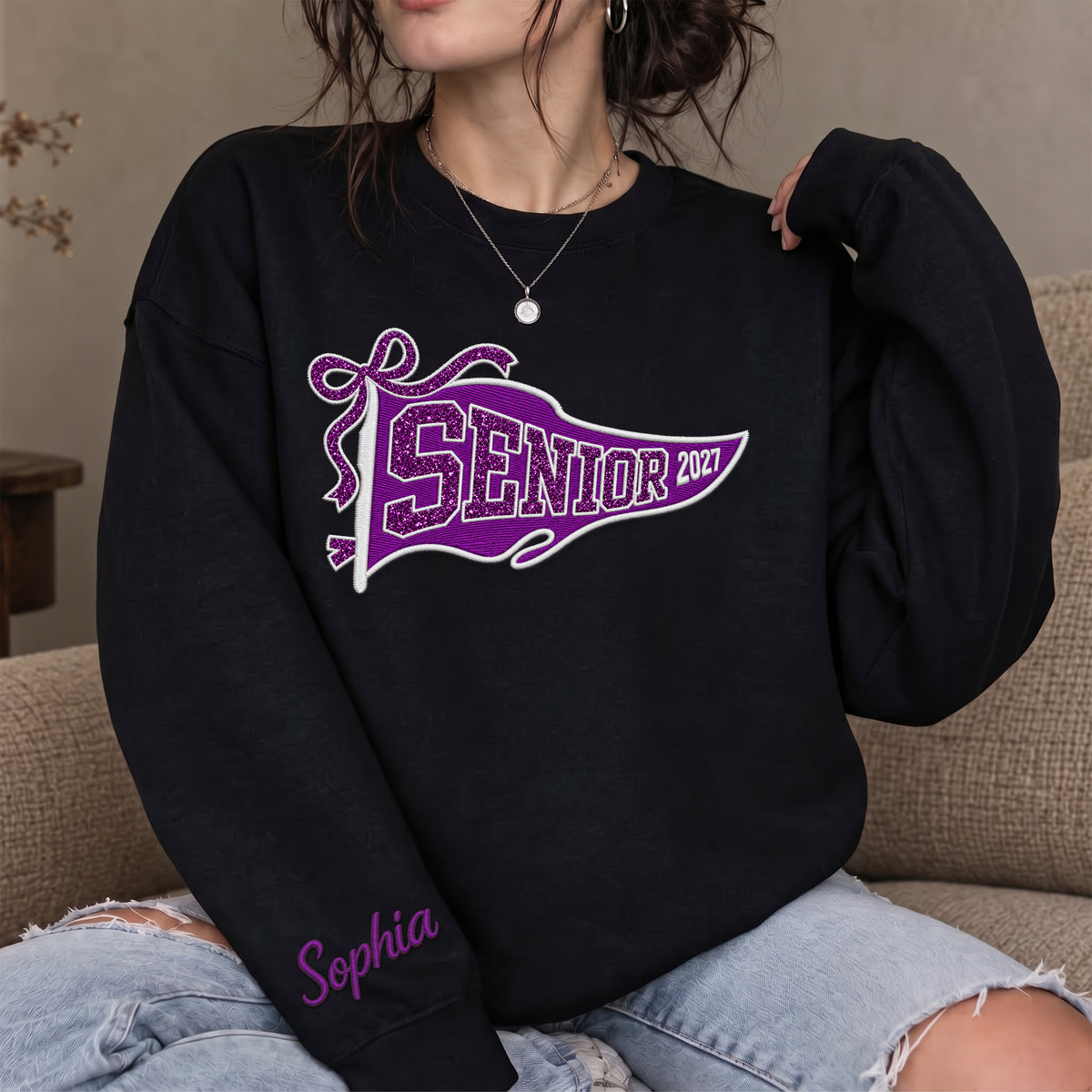 Senior Sweatshirt Pennant Flag Ribbon Glitter Embroidery Custom Name Sleeve Gift