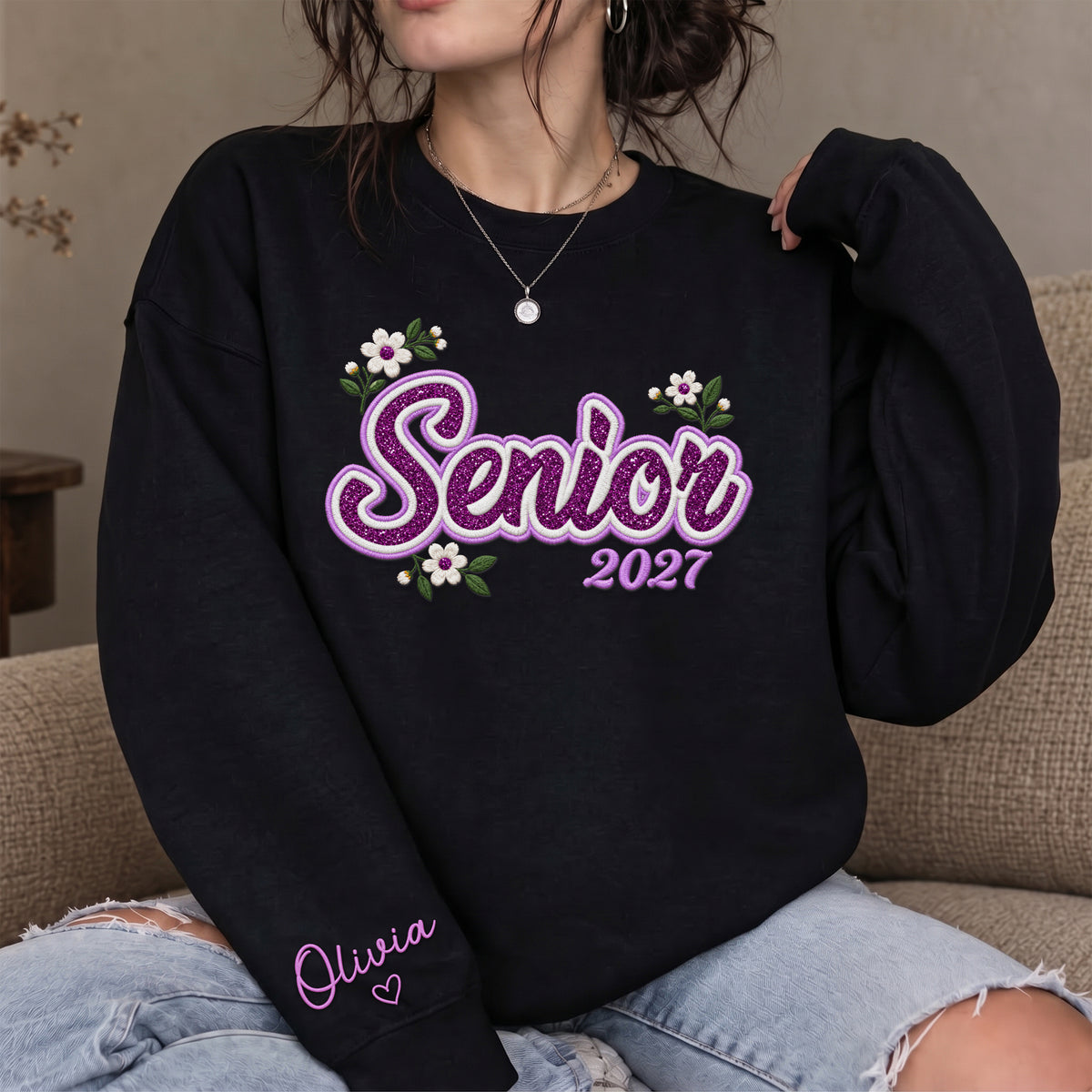 Senior Sweatshirt Floral Daisy Glitter Embroidery Custom Name Sleeve Grad Gift