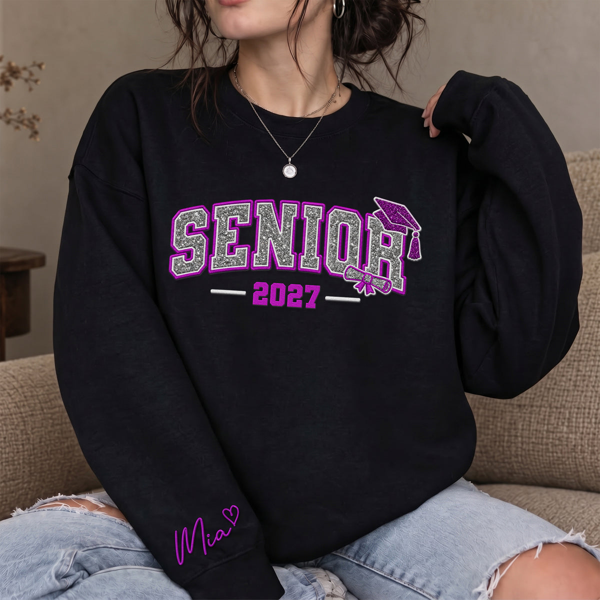 Senior Sweatshirt Grad Cap Diploma Silver Glitter Embroidery Custom Name Sleeve