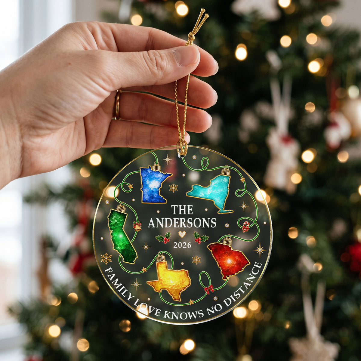Personalized Christmas Light State Acrylic Ornament Long Distance Family Tree Decor