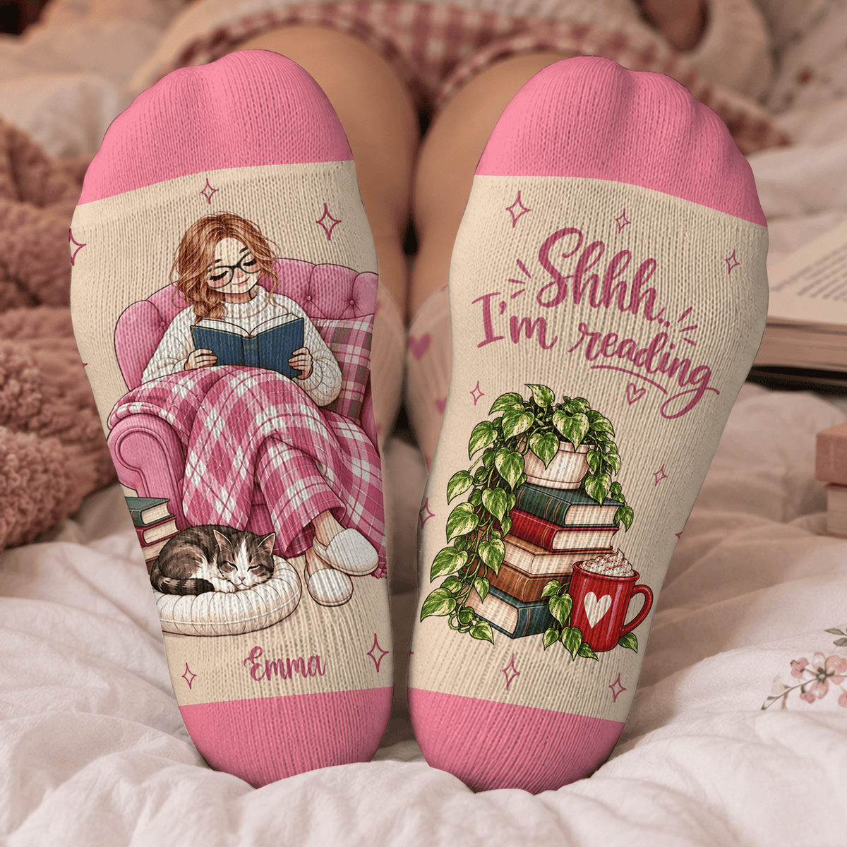 Cat Reader Custom Book Socks, Socks for Women and Men with Soft Comfort, Book Lovers Gifts and Christmas Gifts for Cozy Reading Time, Pallyprints Co.