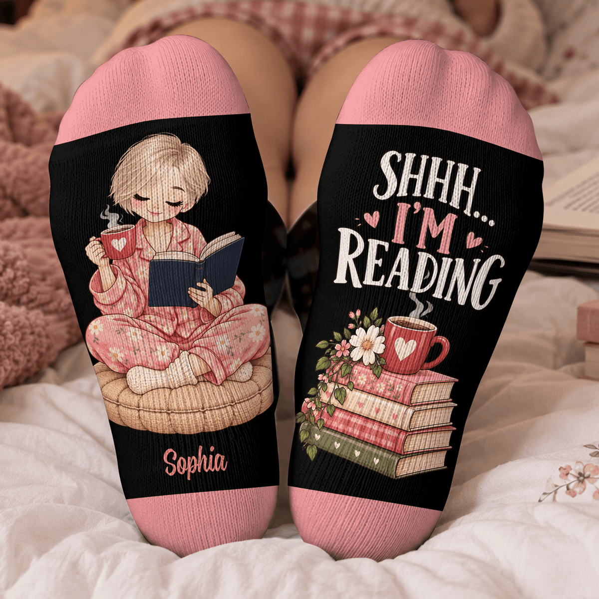 Custom Book Socks with Black Reader Art, Socks for Women and Men with Comfort, Christmas Gifts and Book Lovers Gifts for Reading Time, Pallyprints Co.