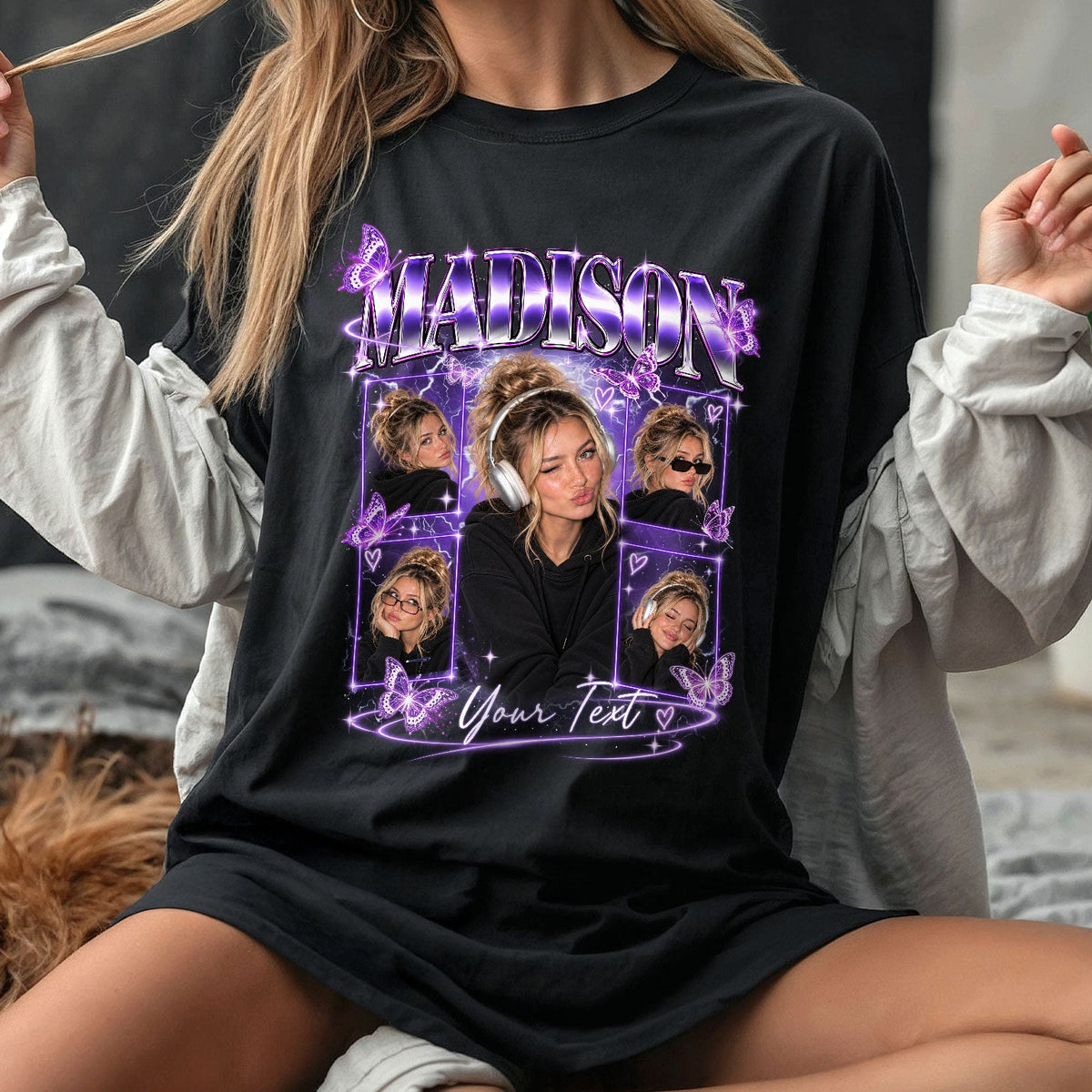Purple Butterfly Custom T-Shirts with Photos and Name, Personalized Gifts for Women, Customized Tee Shirts with Pictures, Graphic Tee, Pallyprints Co.