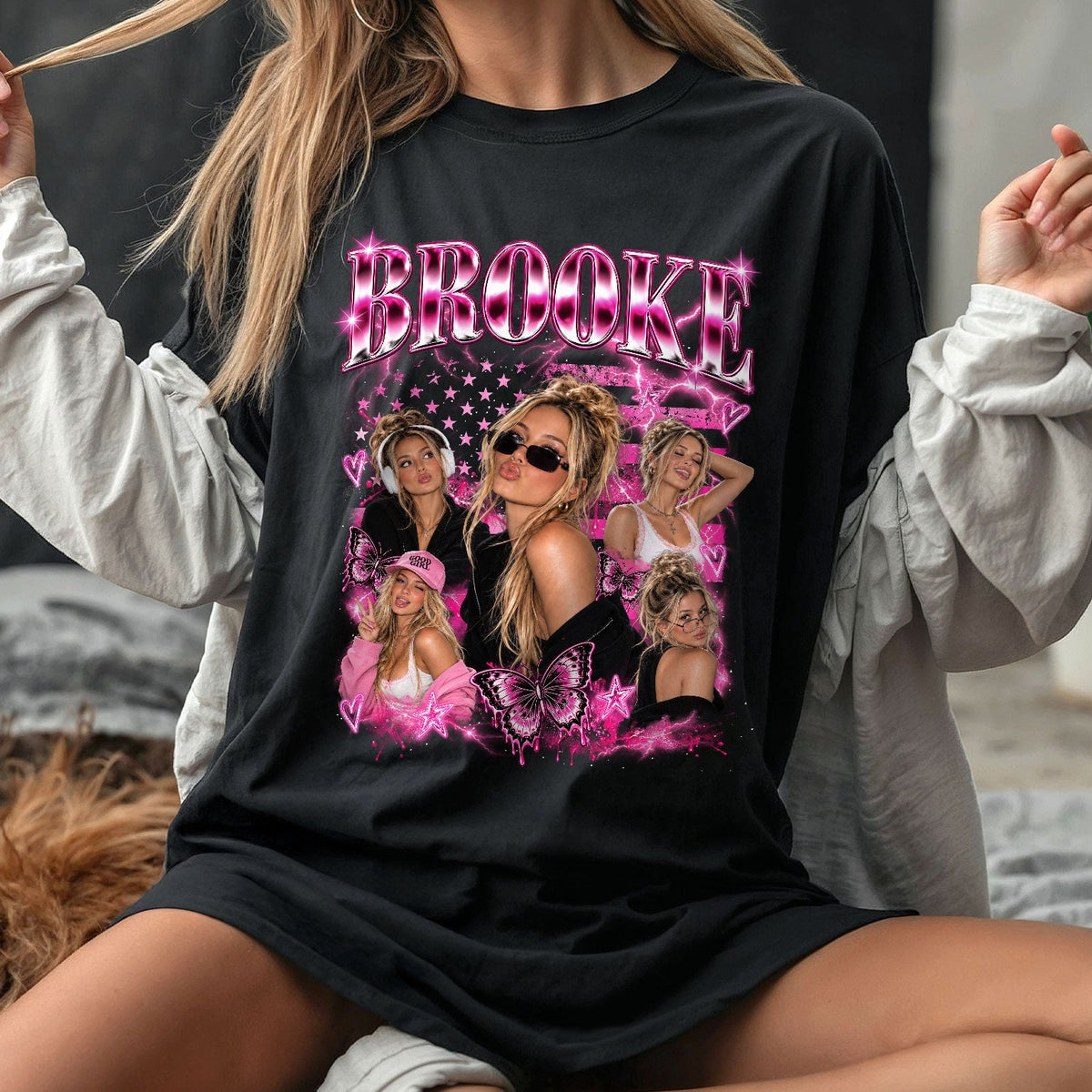 Pink Butterfly Custom T-Shirts with Photos and Name, Personalized Gifts for Women, Customized Tee Shirts with Pictures, Graphic Tee, Pallyprints Co.