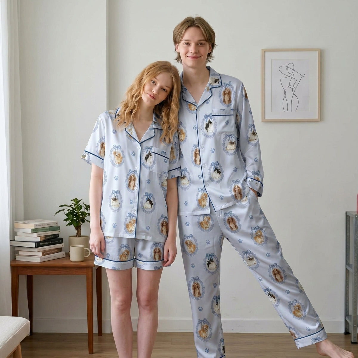 Custom Pet Satin Pajamas Set Personalised Dog Cat Portrait PJs Vintage Bow Sleepwear