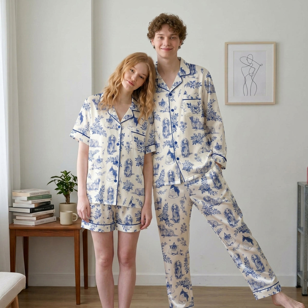 Custom Pet Satin Pajamas Set Personalised Vintage Floral Toile Dog Cat PJs Sleepwear