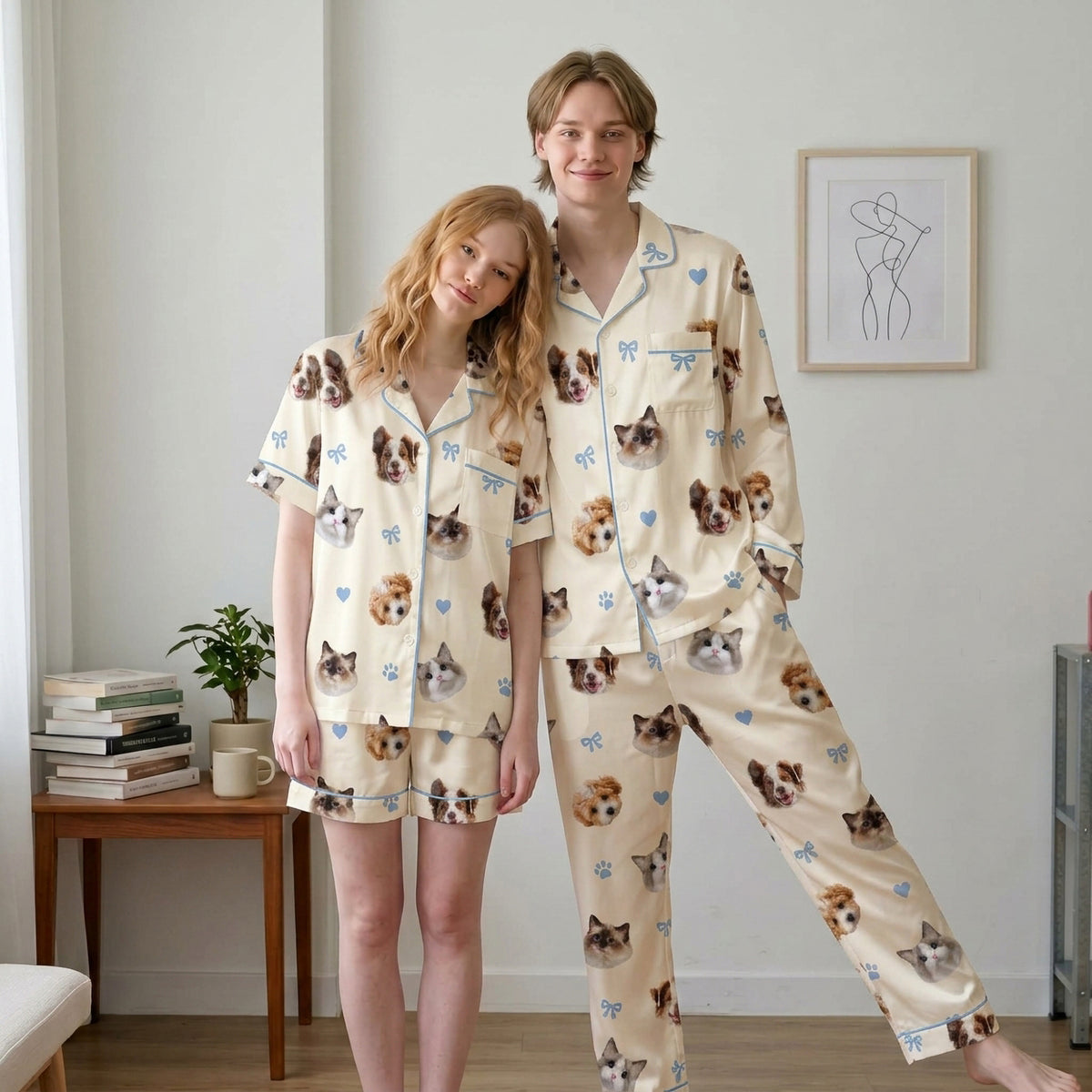 Custom Pet Face Satin Pajamas Personalised Photo Dog Cat PJs Coquette Bow Sleepwear