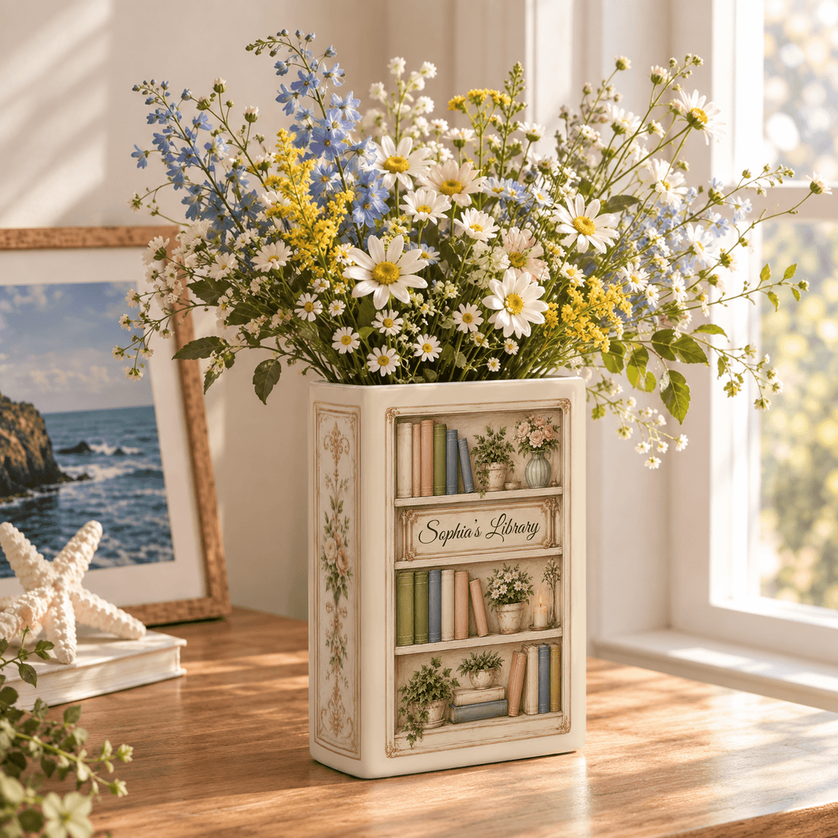 Custom Book Shelf Flower Vase Library Botanical Floral Vase Home Accent Piece Holder