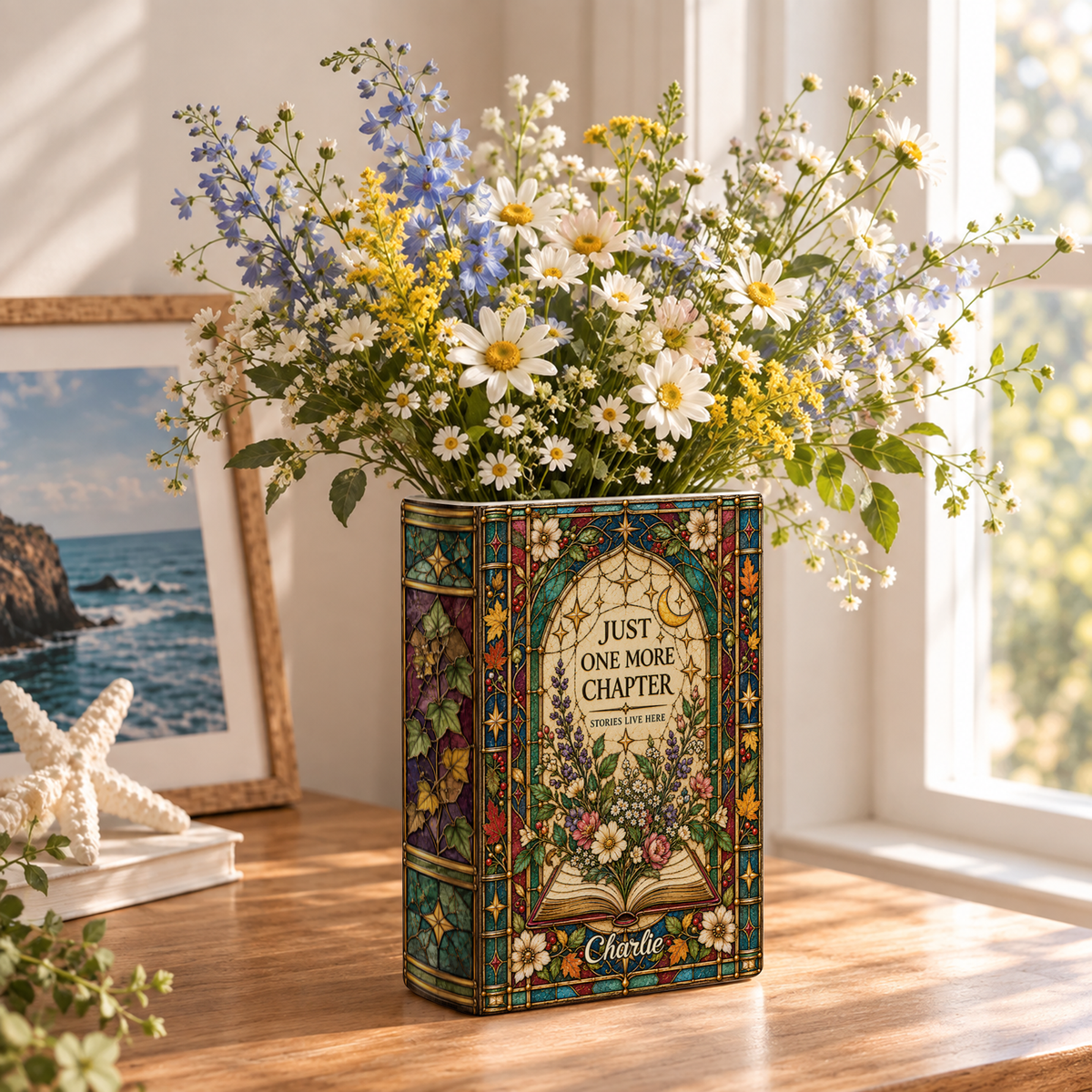 Custom Book Vase Just One More Chapter Stained Glass Floral Flower Holder Centerpiece