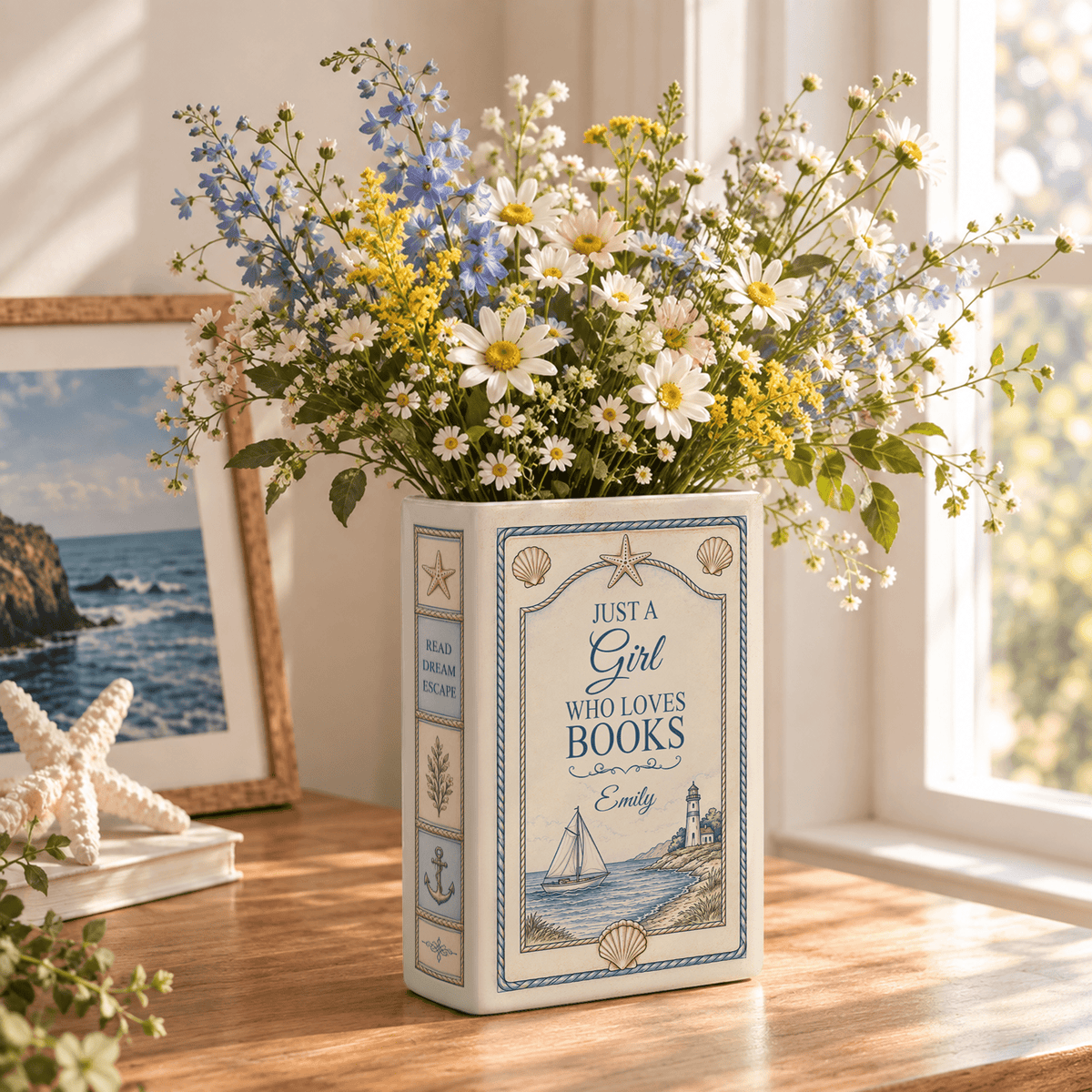 Custom Book Vase Just A Girl Who Loves Books Nautical Floral Flower Holder Centerpiece