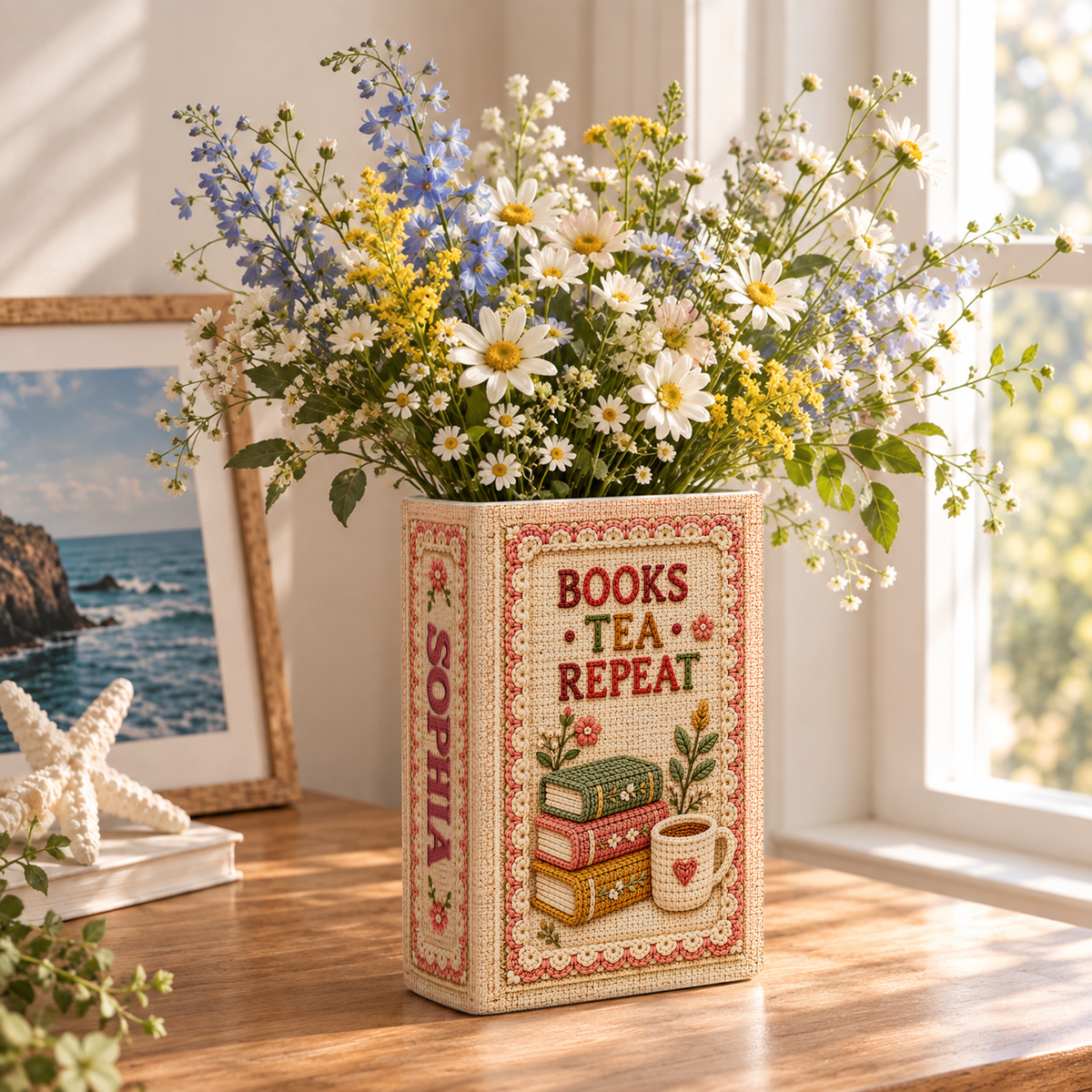 Custom Book Flower Vase Books Tea Repeat Floral Centerpiece Bookish Gift for Book Lovers