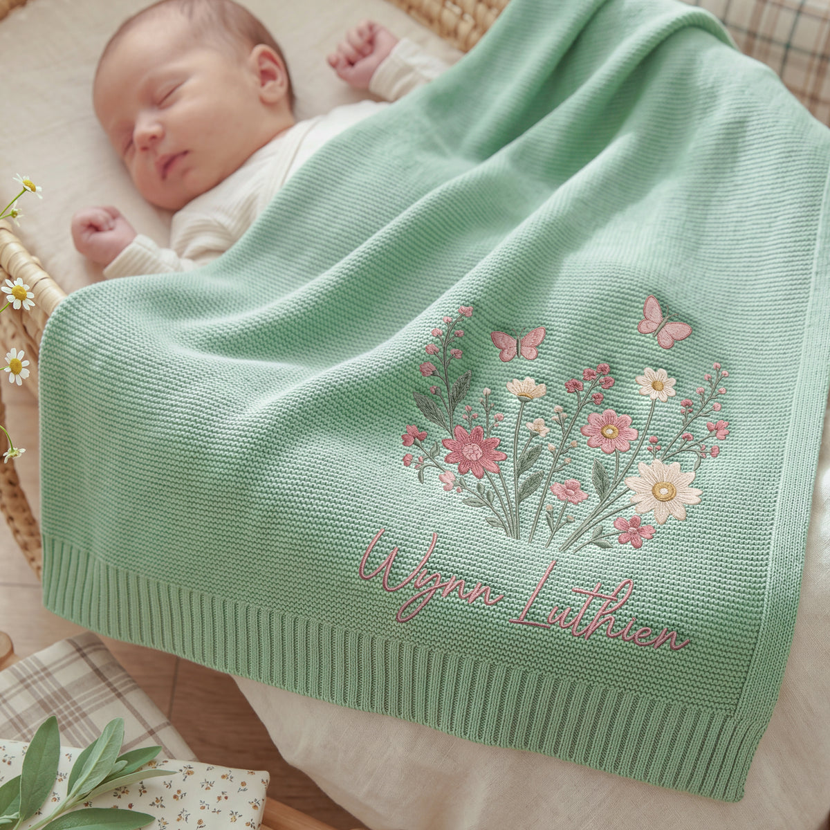 Personalized Embroidered Baby Name Blanket Floral Butterfly Custom Knit Blanket Baby Gift