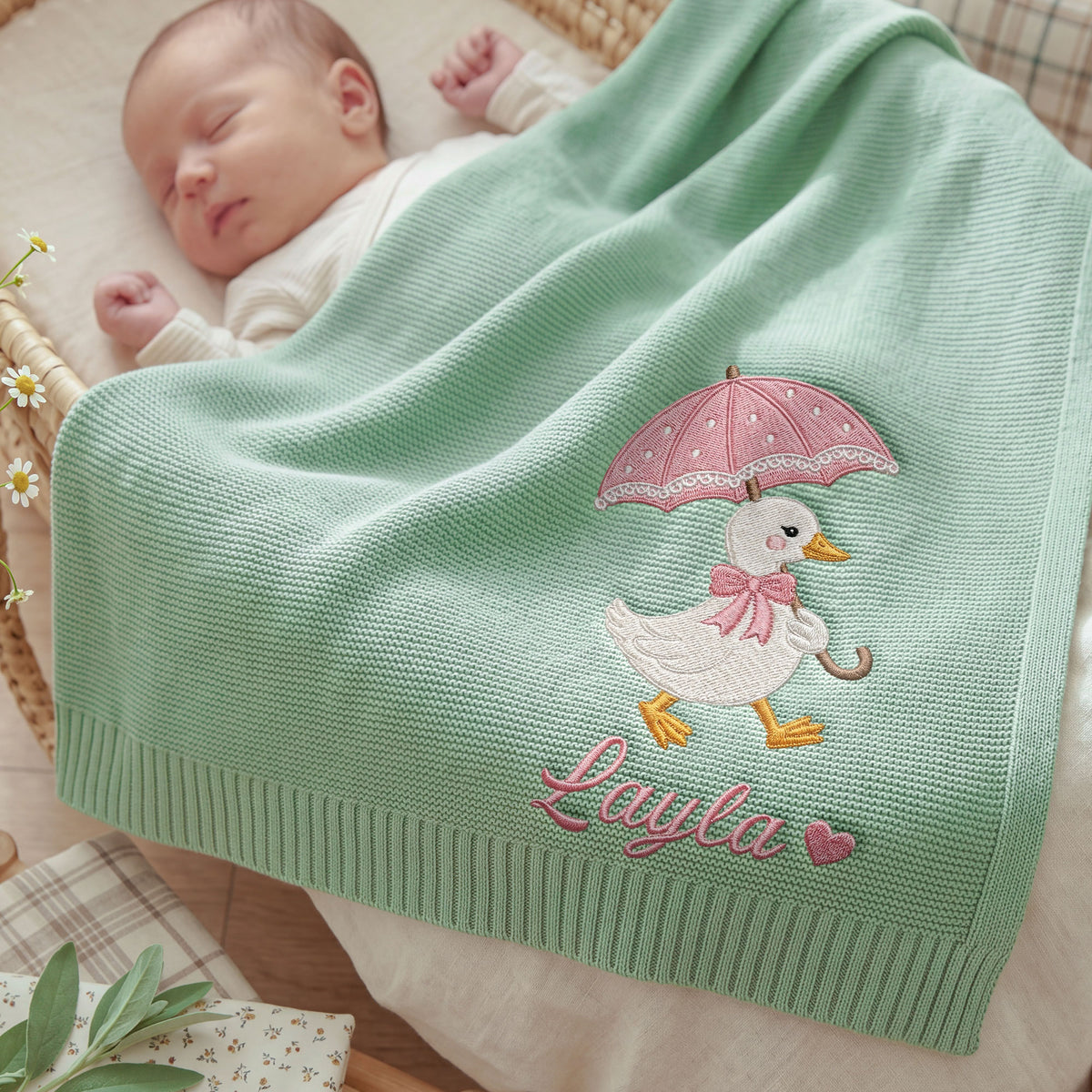 Personalized Embroidered Baby Name Blanket Cute Duck Umbrella Custom Knit Baby Shower Gift