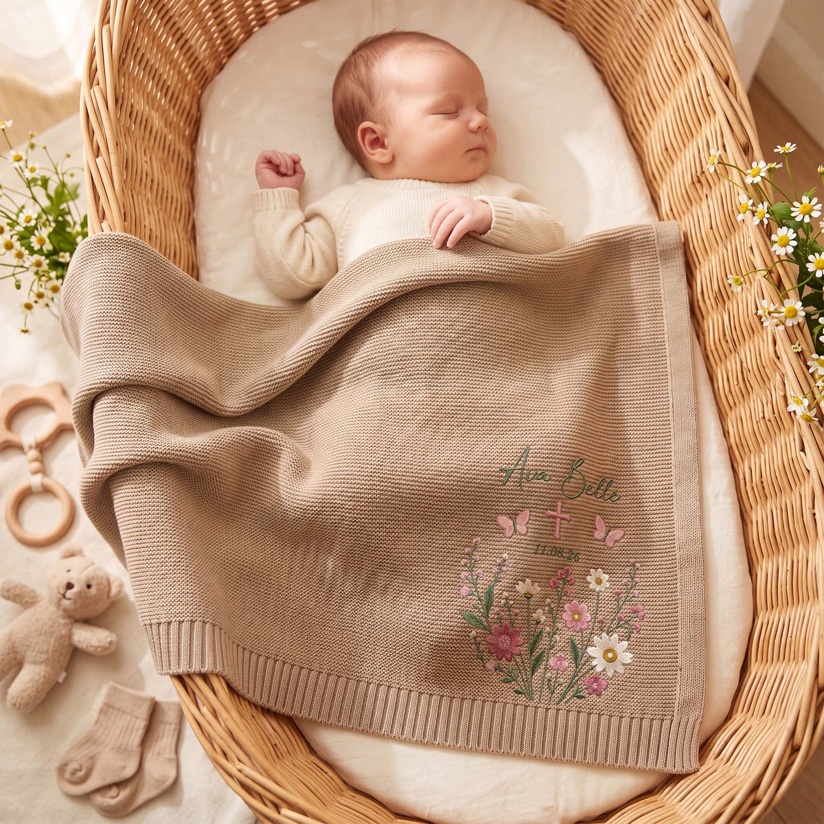 Personalized Embroidered Baby Name Blanket Baptism Cross Floral Knit Baby Shower Gift