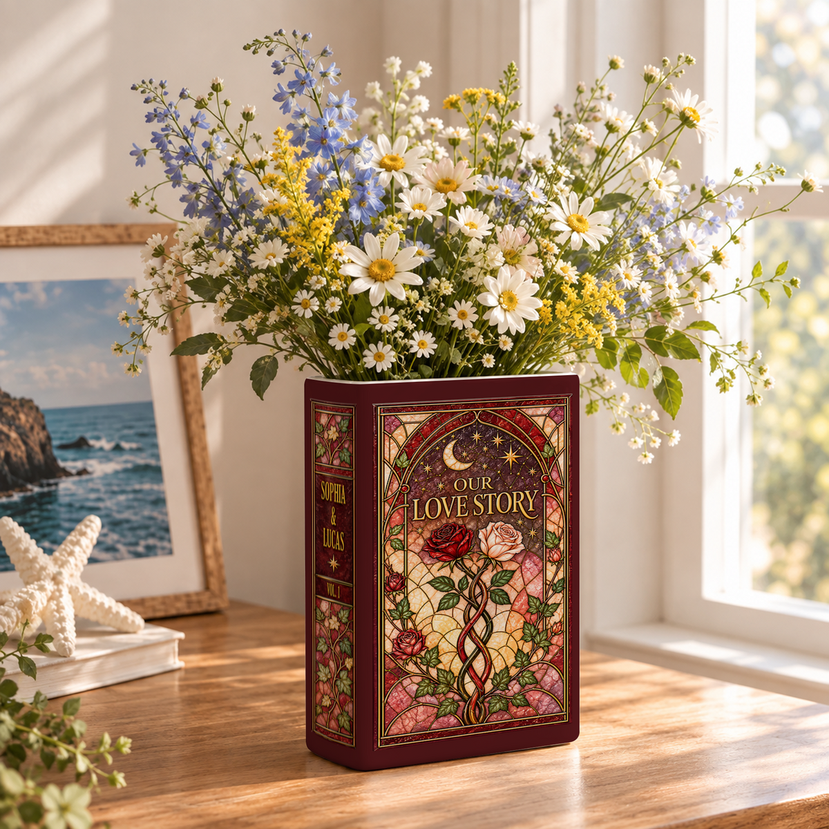 Custom Wedding Book Vase Stained Glass Roses Ceramic Flower Tabletop Floral Planter Pot