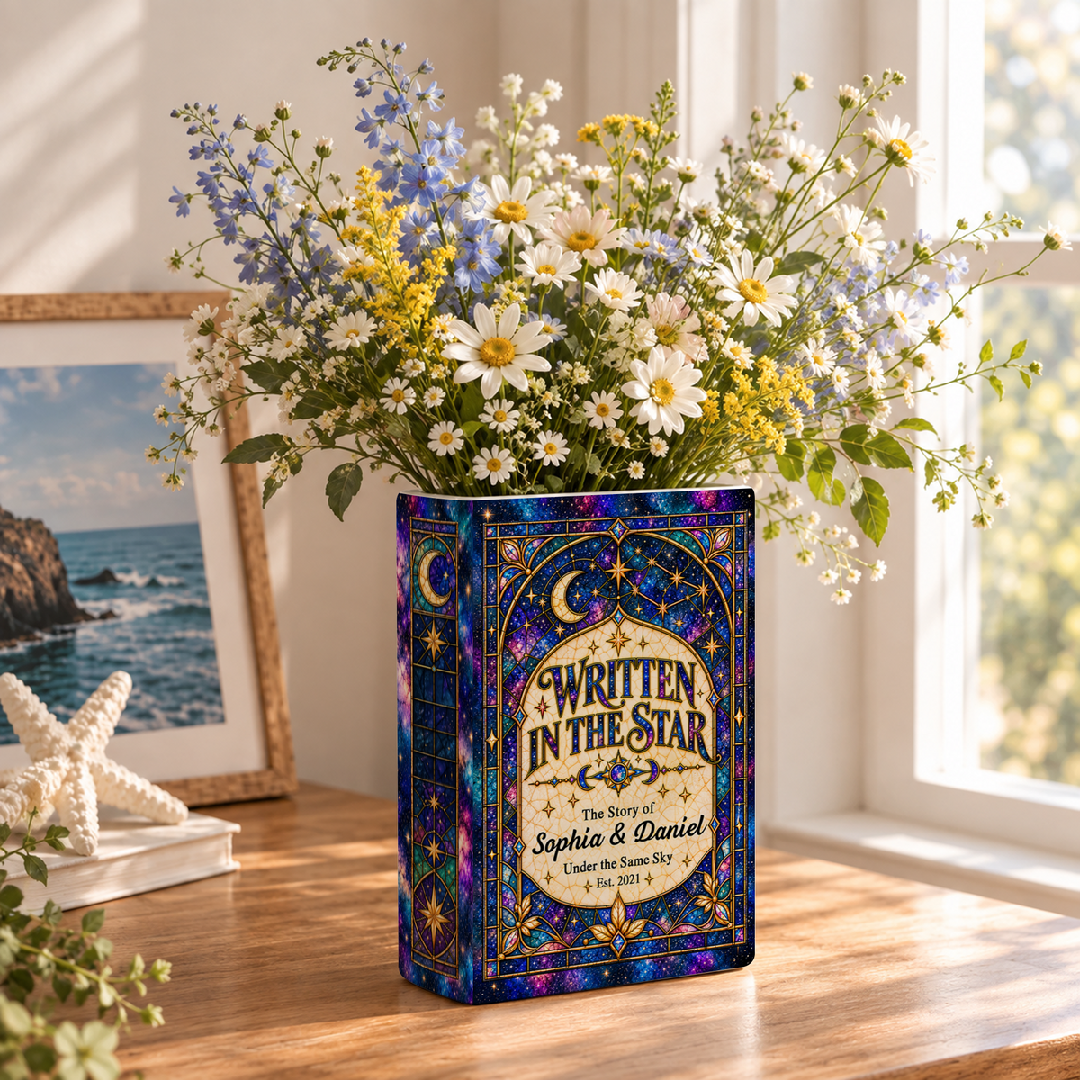 Custom Wedding Book Vase Celestial Galaxy Starry Sky Ceramic Flower Tabletop Holder