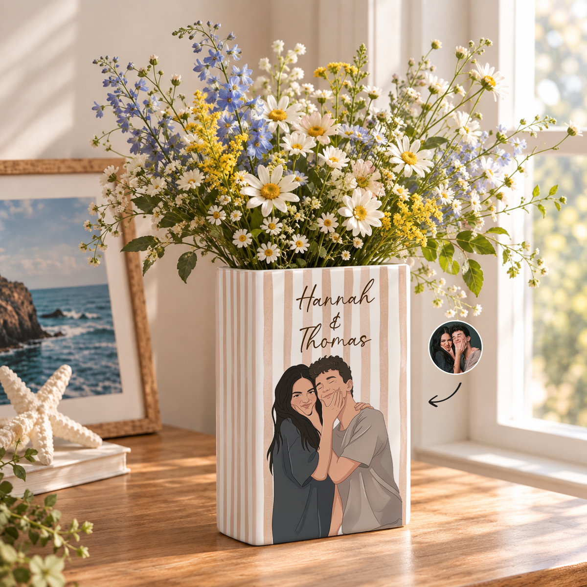 Custom Wedding Book Vase Couple Portrait Striped Pattern Ceramic Flower Tabletop Holder