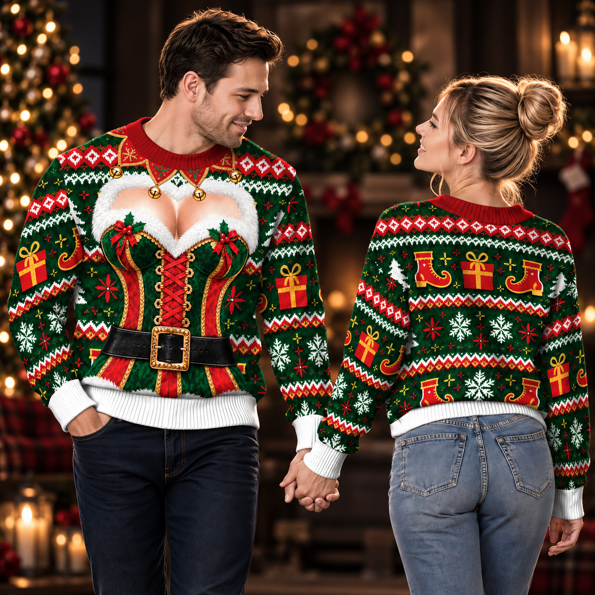 Funny Ugly Christmas Sweater Custom Skin Tone Sexy Cleavage Graphic Xmas Party Sweatshirt