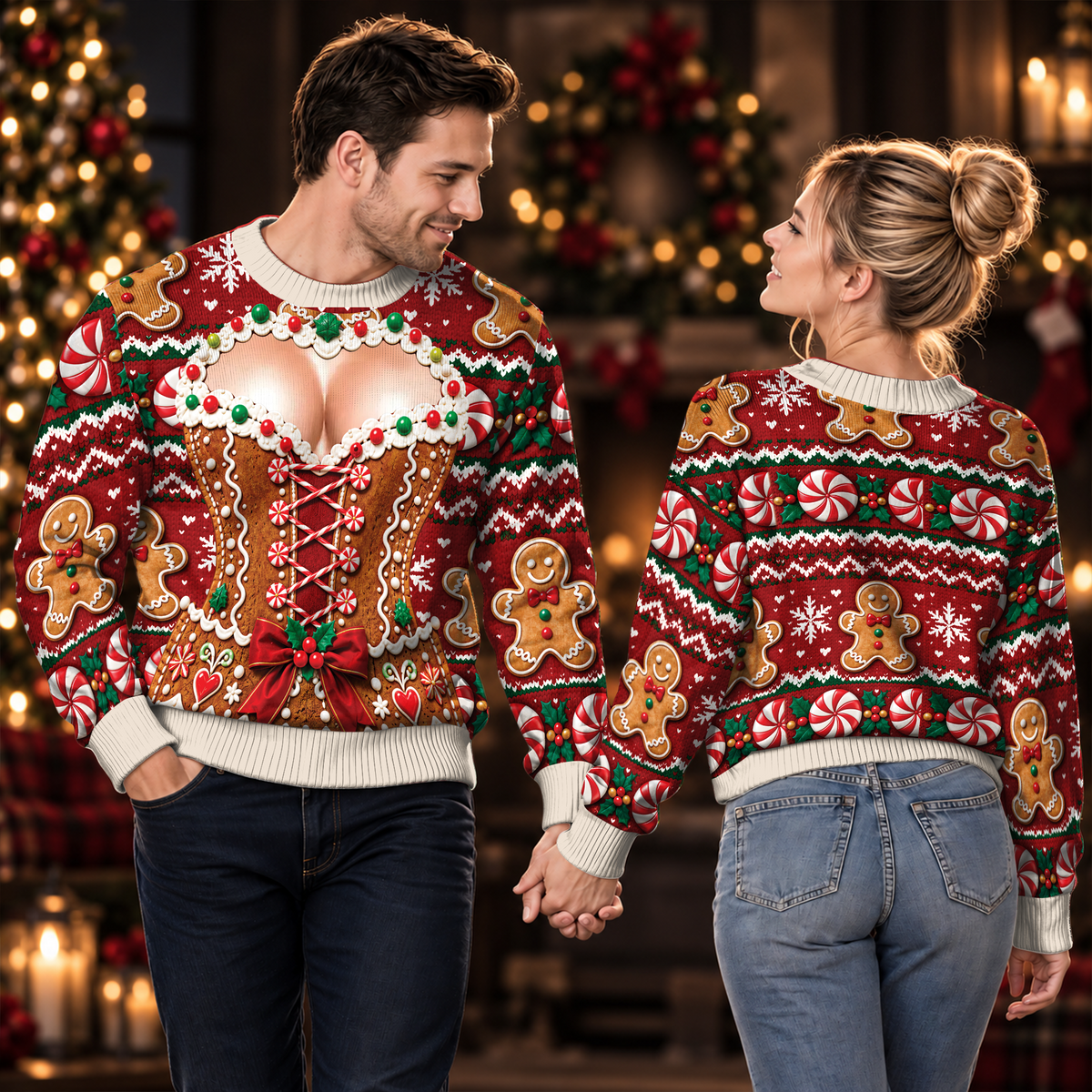 Funny Ugly Christmas Sweater Gingerbread Sexy Cleavage Custom Skin Tone Party Sweatshirt